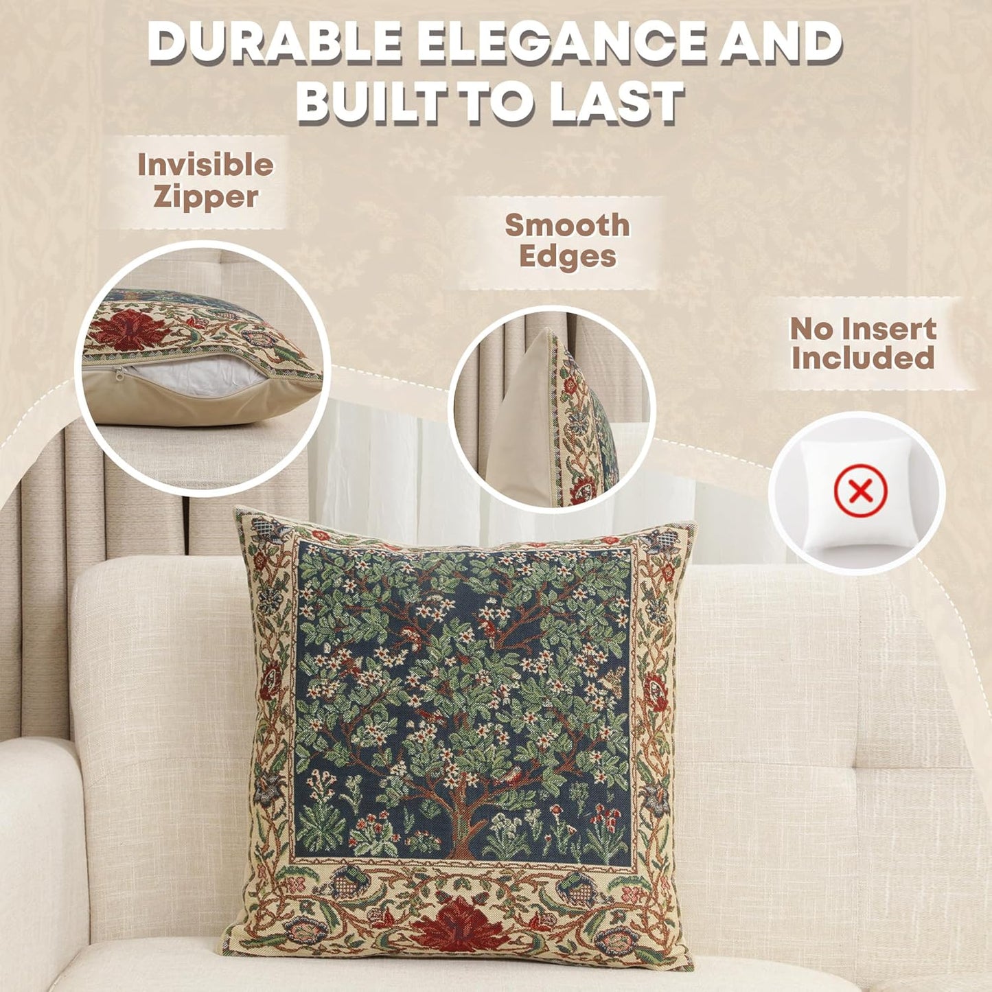 Charlotte Home Furnishings Throw Pillow Covers 16x16 in, Green Tree Decorative Couch Pillow Covers, Boho Decor European Tapestry Cushion Cases, Living Room Cozy Home Decor, Jacquard Woven Soft Cotton