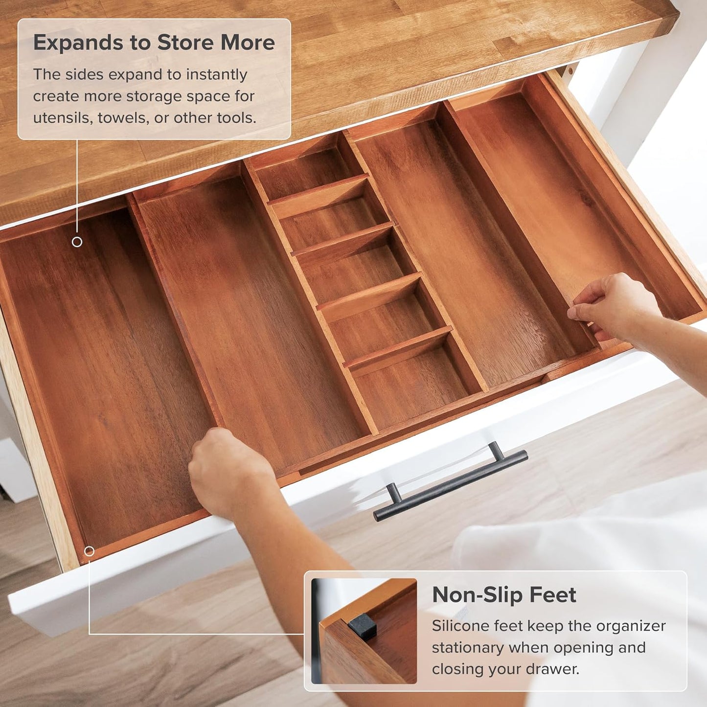 Adjustable Kitchen Drawer Organizer for Utensils and Junk, Food-Safe Contract Grade with 100% Sustainable Wood, Non-Slip, Expandable from 18.5 to 33 Inches Wide - Natural Acacia