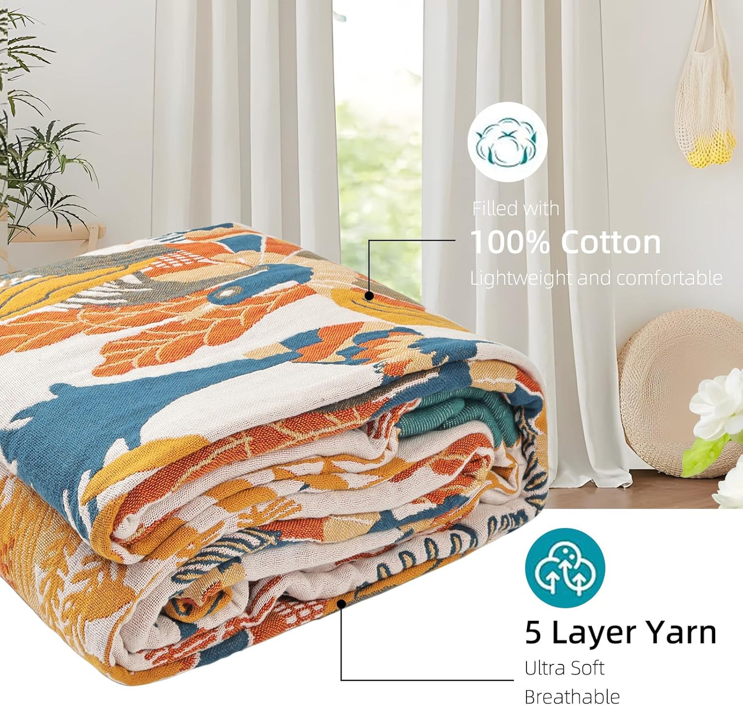 Boho Throw Blanket for Bed - 100% Pure Cotton Ultra Soft Rustic Quilt - Farmhouse Decor Bed Blankets, All Season Rustic Throw for Sofa Couch Chair(91''x 98'', Floral Bird)