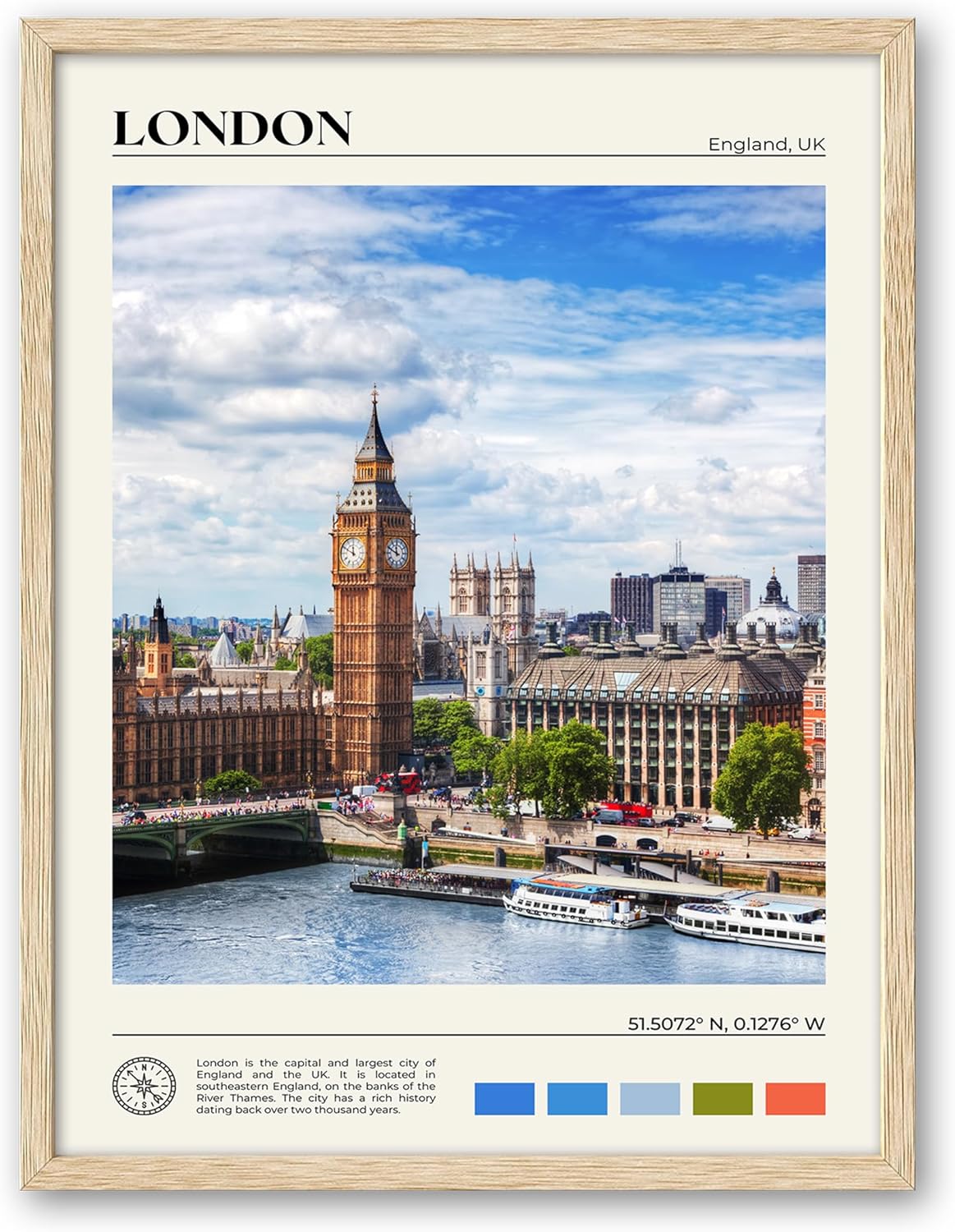 HesenDot Natural OAK Wood Framed London Wall Art,12x16in Cityscape Wall Print Posters,Classic Urban Landmark Wall Decor for Living Room,Bedroom,Office Set of 1