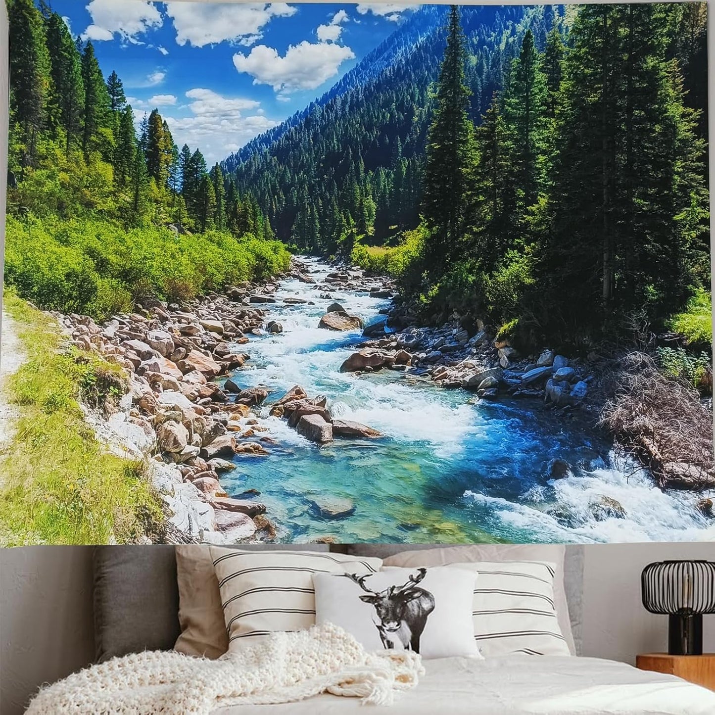 Nature Forest Mountain Tapestry Green Pine Tree Stream Tapestry White Clouds Flowing River Valley Landscape Scenery Tapestries Wall Hanging for Bedroom Dorm Living Room Office Classroom 47 x 35 Inch