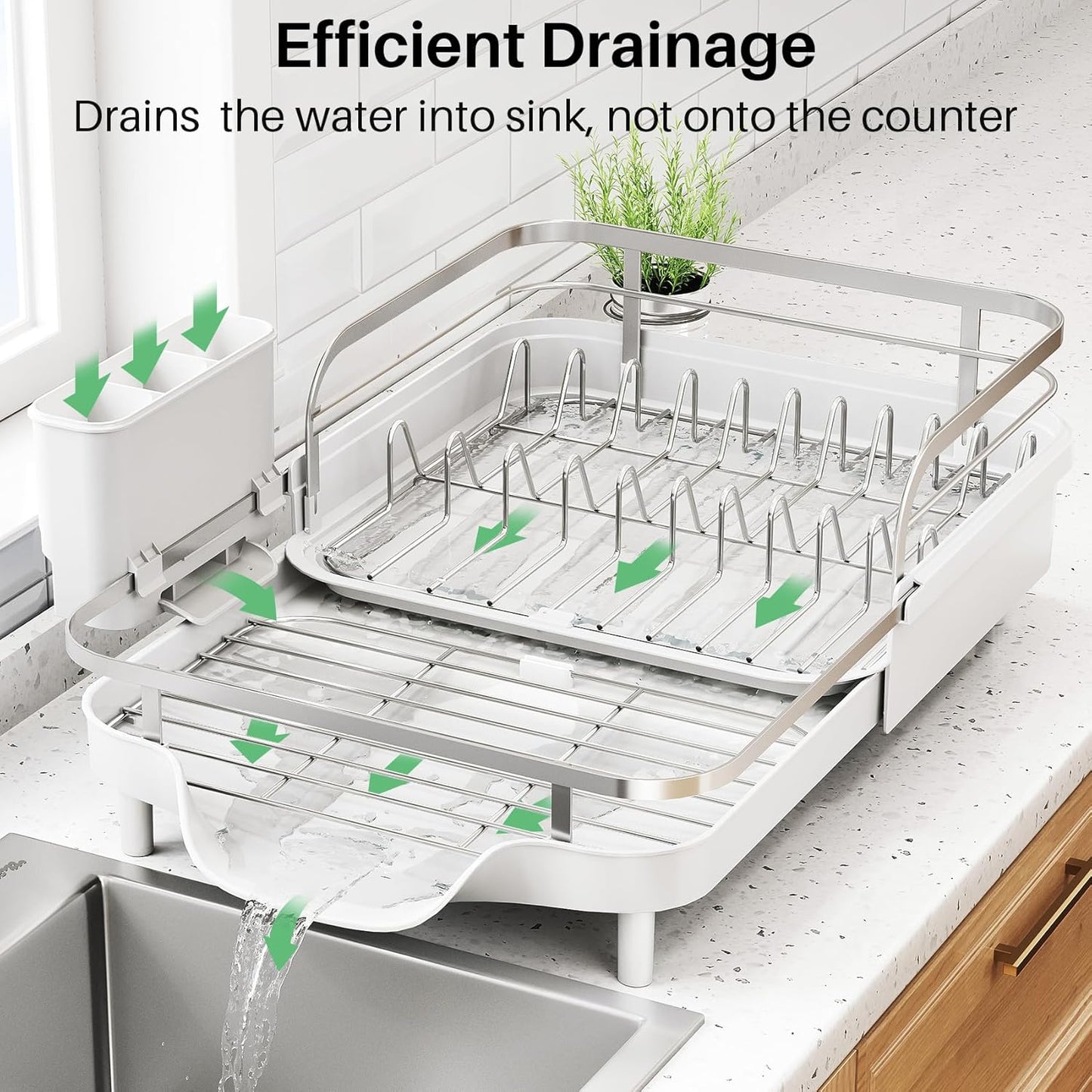 Dish Drying Rack, Expandable Dish Rack for Kitchen Counter, Stainless Steel Dish Drainer with Drainboard Set and Utensil Holder (White)
