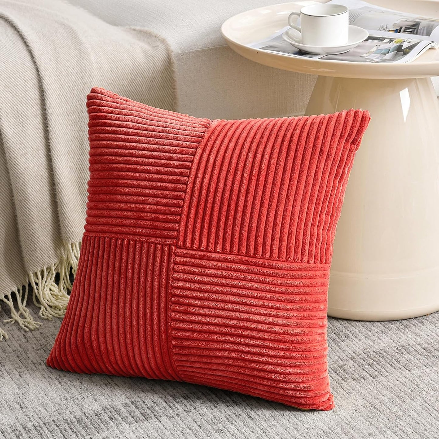 Fancy Homi 2 Packs Red Big Decorative Throw Pillow Covers 24x24 Inch for Couch Bed Sofa, Holiday Christmas Home Decor Gift, Soft Corss Corduroy Patchwork Accent Square Cushion Case 60x60 cm