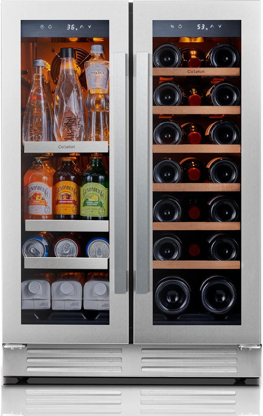 Ca'Lefort 24 Inch Wine and Beverage Refrigerator, 60 Can and 20 Bottle Wine Fridge 36-72°F, 3 LED Dual Zone Wine Cooler with Glass Door, Built-in Compressor Refrigerator for Home/Kitchen (4.10 cu.ft)