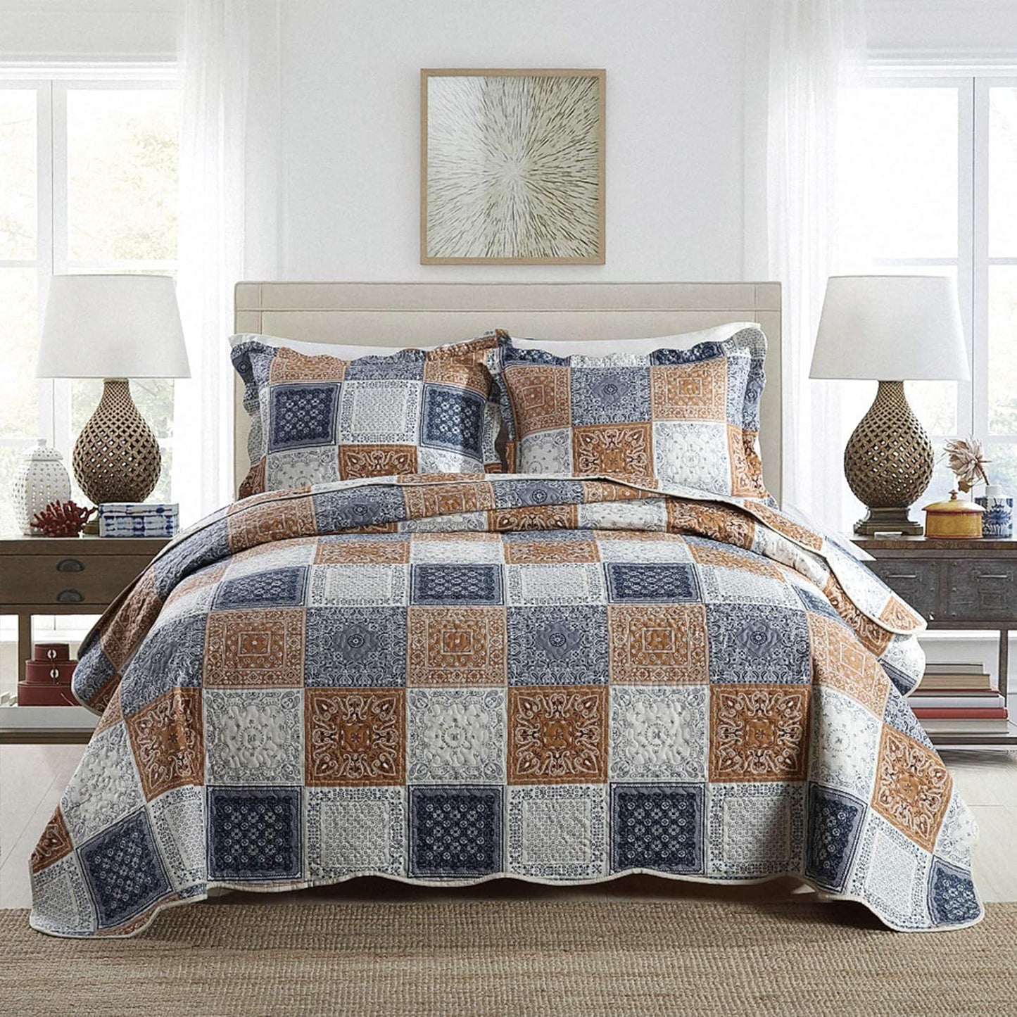 NEWLAKE Quilt Bedspread Sets-Color Block Pattern Reversible Coverlet Set,King Size