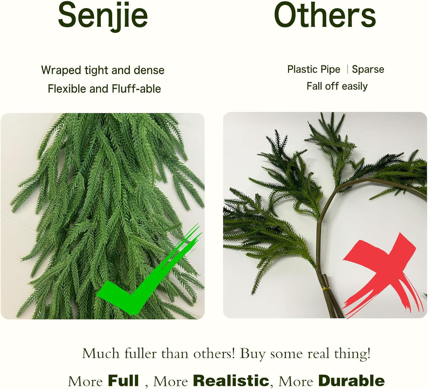 Senjie 6FT 2PCS Christmas Garlands Norfolk Pine Garland Real Touch Artificial Faux Greenery Garland for Holiday Indoor Outdoor Decor