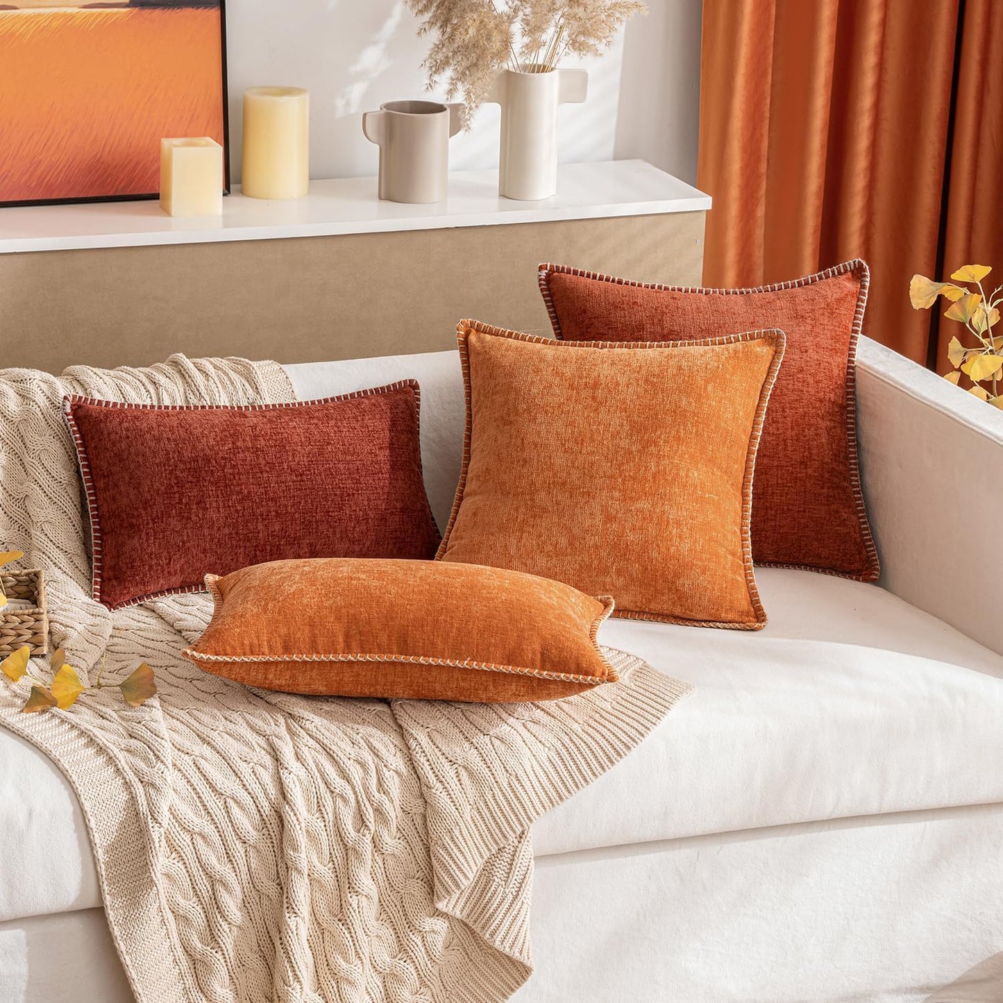 MIULEE Pack of 2 Fall Couch Throw Pillow Covers 18x18 Inch Burnt Orange Farmhouse Decorative Pillow Covers with Stitched Edge Soft Chenille Solid Dyed Pillow Covers for Sofa Bed Living Room