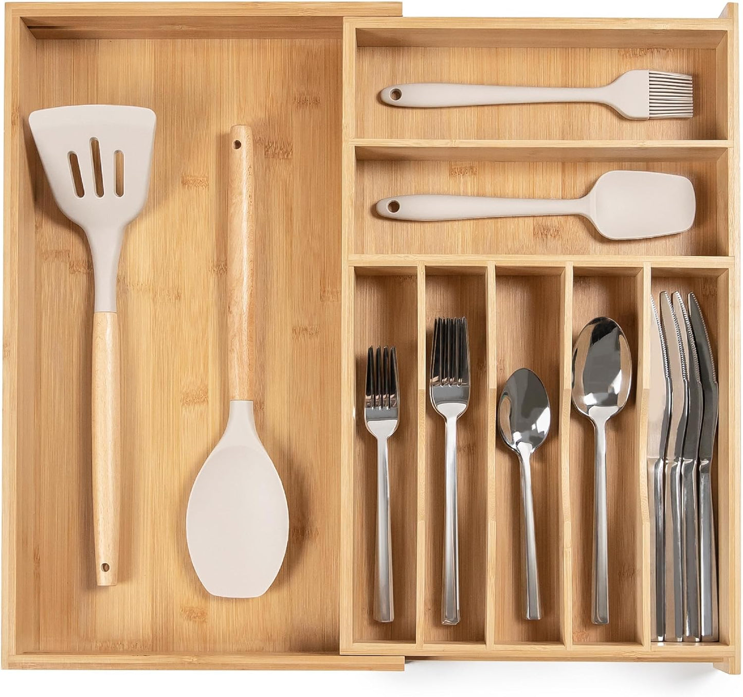 Premium Silverware, Flatware and Utensil Organizer for Kitchen Drawers, Food-Safe Contract Grade, Expandable from 10.5 to 19 In, Natural Bamboo
