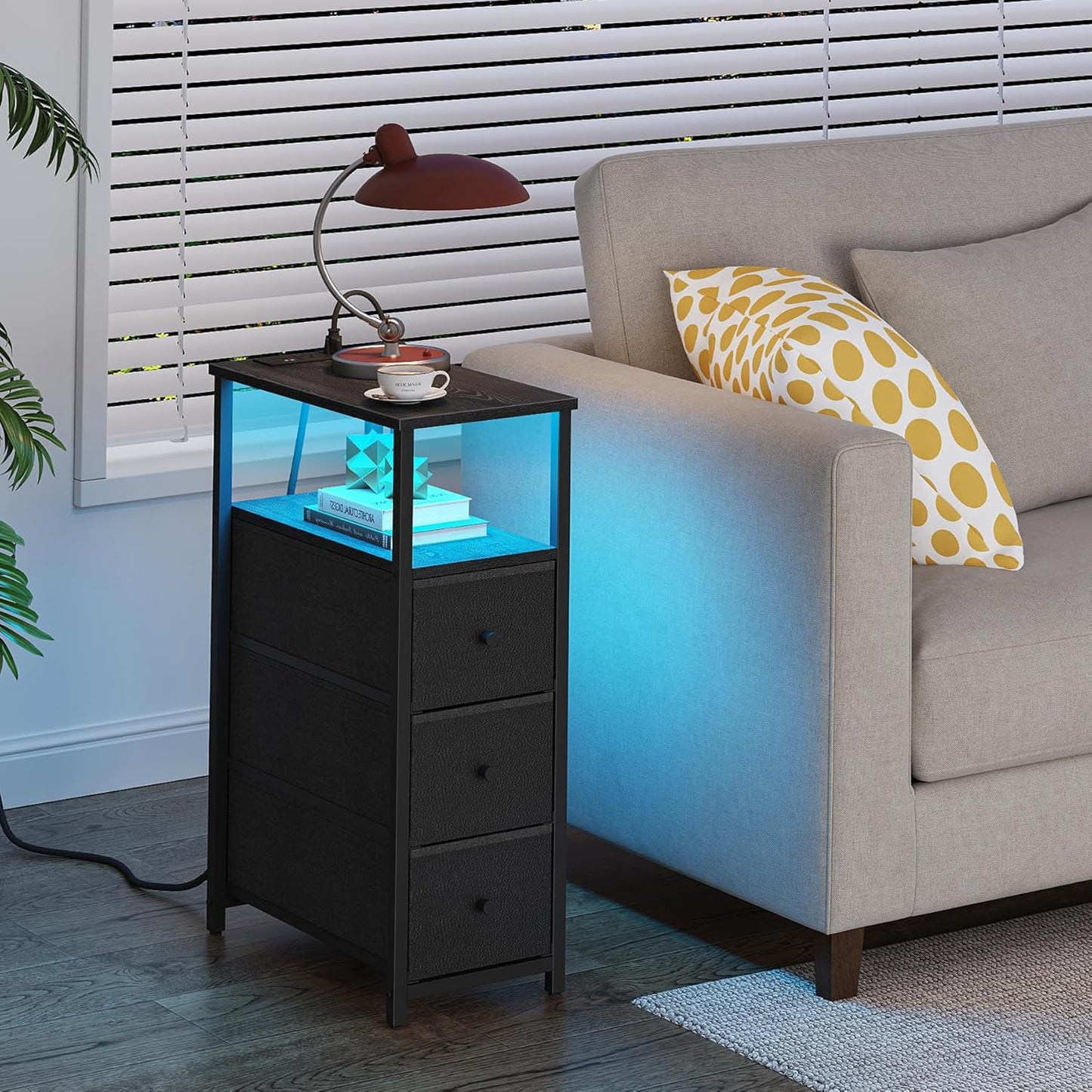 TUTOTAK Narrow LED Night Stand with Charging Station, Slim End Table with Plugins, Tall Side Table with 3 Fabric Drawer, Small Bedside Table with Storage, Set of 2, for Living Room, Black TB01BK073L
