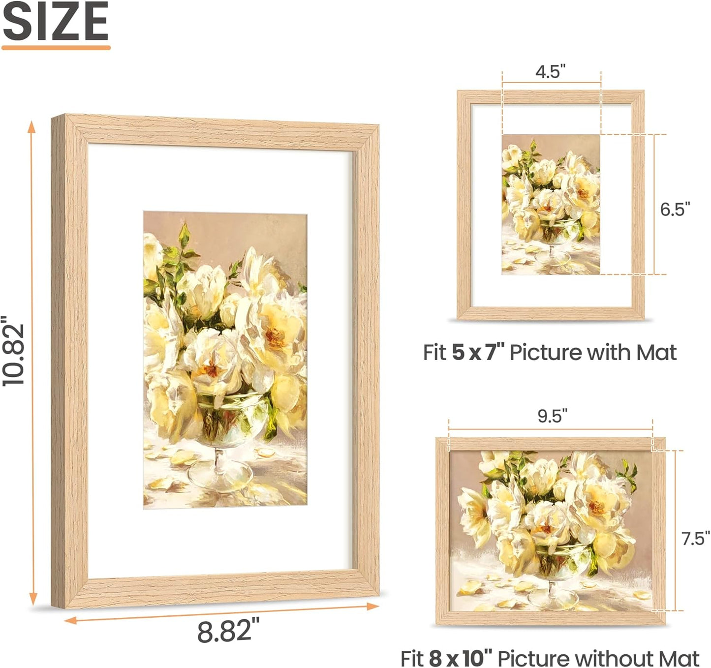 upsimples 8x10 Picture Frame, Natural Solid Wooden Picture Frames, Display 5x7 with Mat or 8 x 10 Without Mat, Wall or Tabletop, 1 Pack, Natural