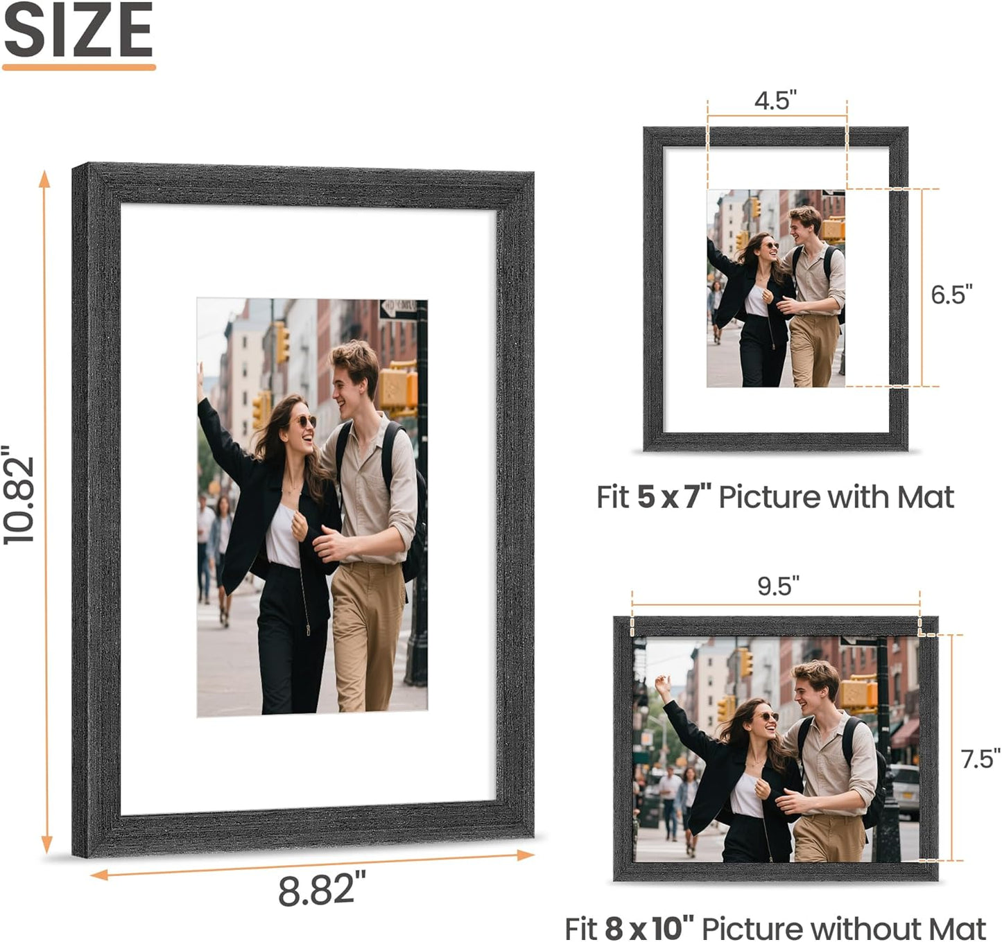 upsimples 8x10 Picture Frame, Natural Solid Wooden Picture Frames, Display 5x7 with Mat or 8 x 10 Without Mat, Wall or Tabletop, 1 Pack, Black