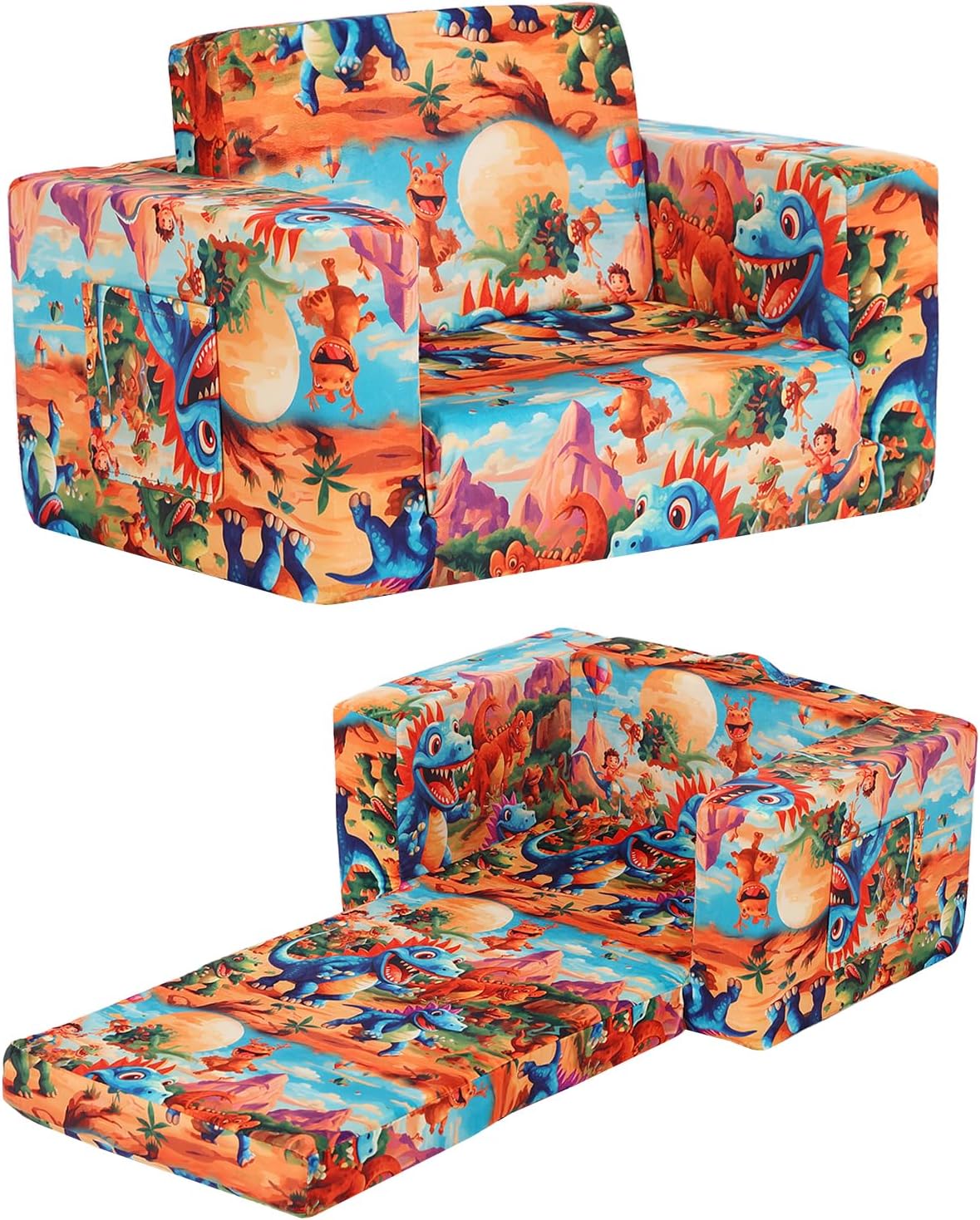 Toddler Chair Kids Couch, 2-in-1 Toddler Soft Sherpa Couch Fold Out Armchair with Removable Cover, Convertible Reading Chair Toddler Sofa for Kids, Orange Dinosaur