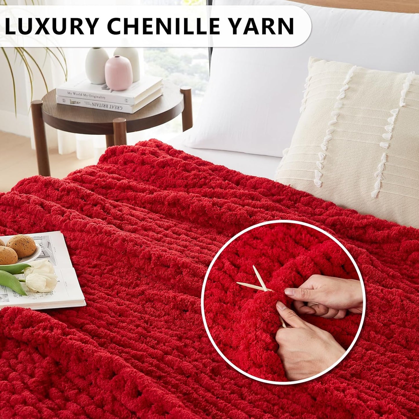 L'AGRATY Chunky Knit Blanket Throw: 80''x90'' Chenille Chunky Knitted Throw Blanket for Bed Couch - Handmade Thick Big Cable Knit Blanket - Large Chunky Crochet Rope Blanket for Home Decor(Red)