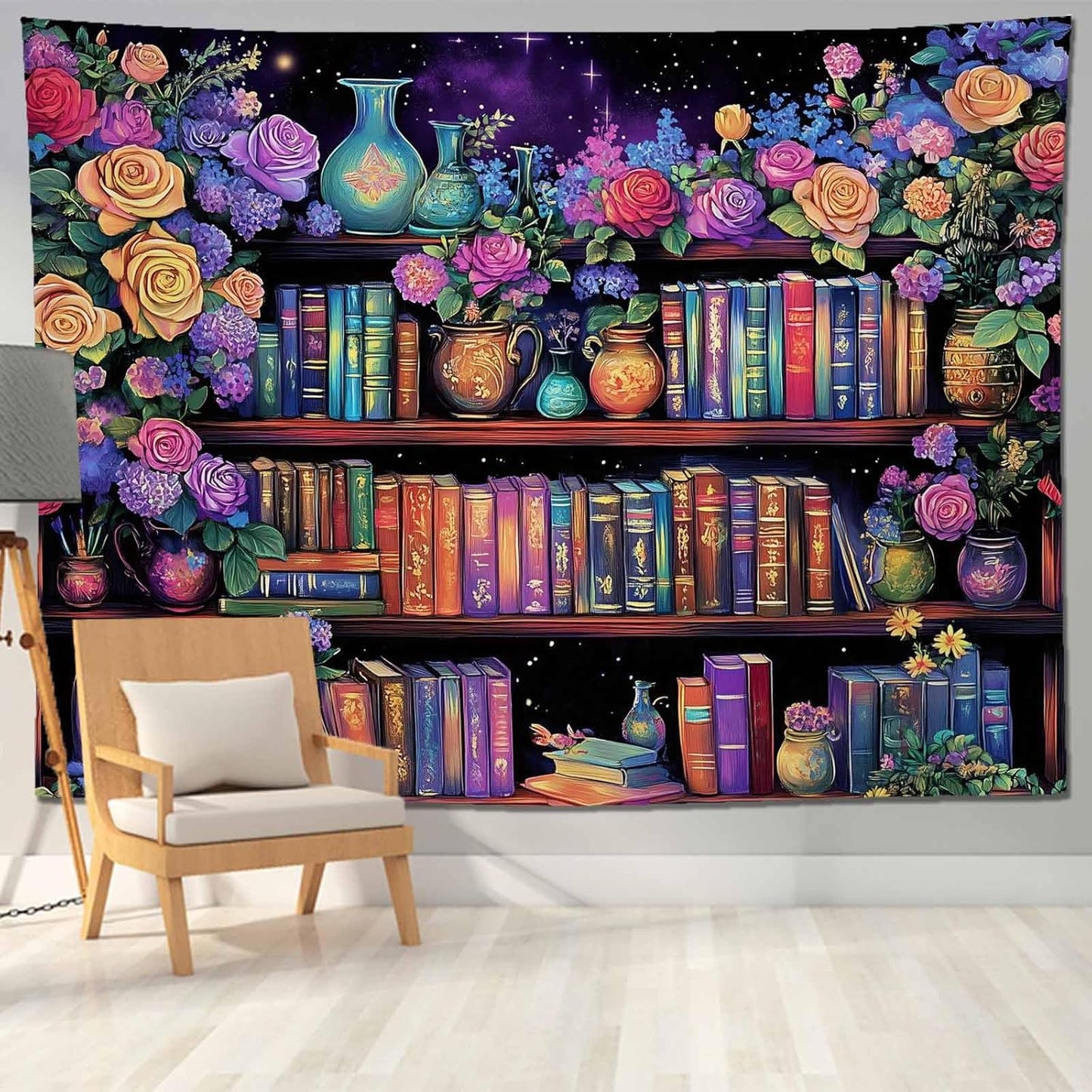 keowhsf Pink Purple Flower Bookshelf Wall Tapestry Colorful Tapestries for Bedroom Aesthetic Floral Tapestry Wall Hanging Cute Girl Bedroom Decor