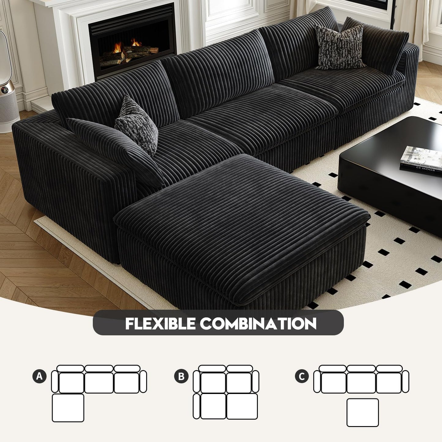 118" Cloud Couch Modular Sectional Sofa for Living Room,Modern Sofa with Deep Seat，L-Shape Boneless Couch with Ottoman,Comfy Upholstered Corduroy Couches for Apartment, Studio, Office,Bedroom，Black