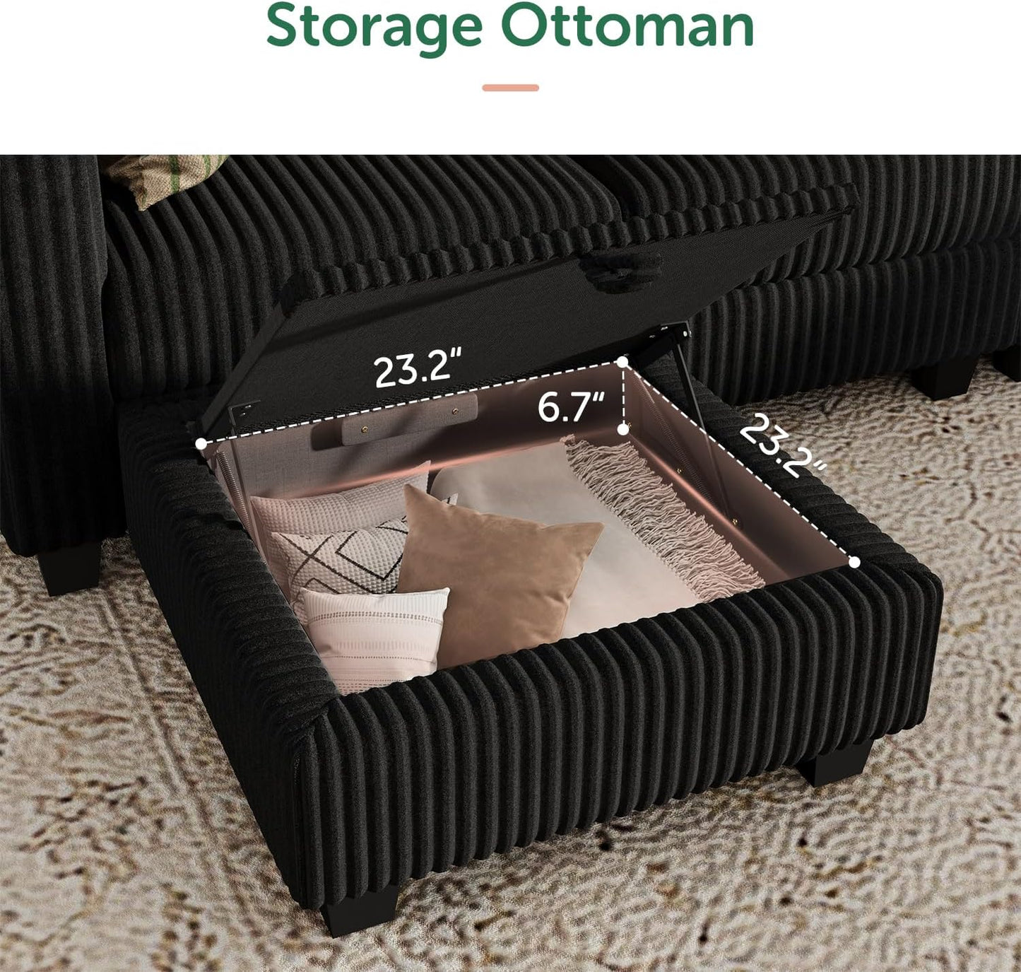 HONBAY Corduroy Sectional Couch with Storage U Shaped Sectional Sofa Modular Sectional Couches for Living Room, Black