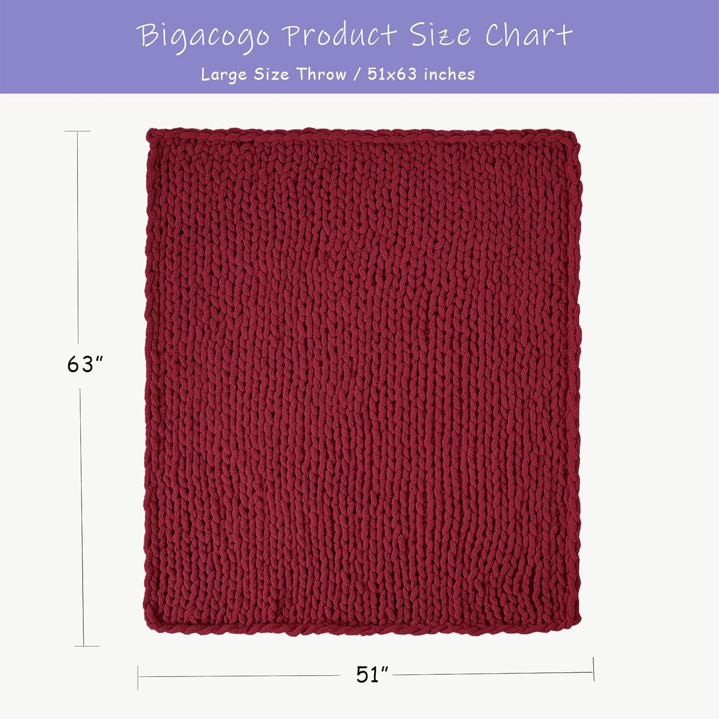 Bigacogo Chunky Knit Throw Blanket for Couch, 51x63 inches, 100% Hand Knitted with Thick Jumbo Chenille Yarn, Cozy Soft Large Rope Knot Cable Crochet Blankets for Sofa Bed Living Room, Red
