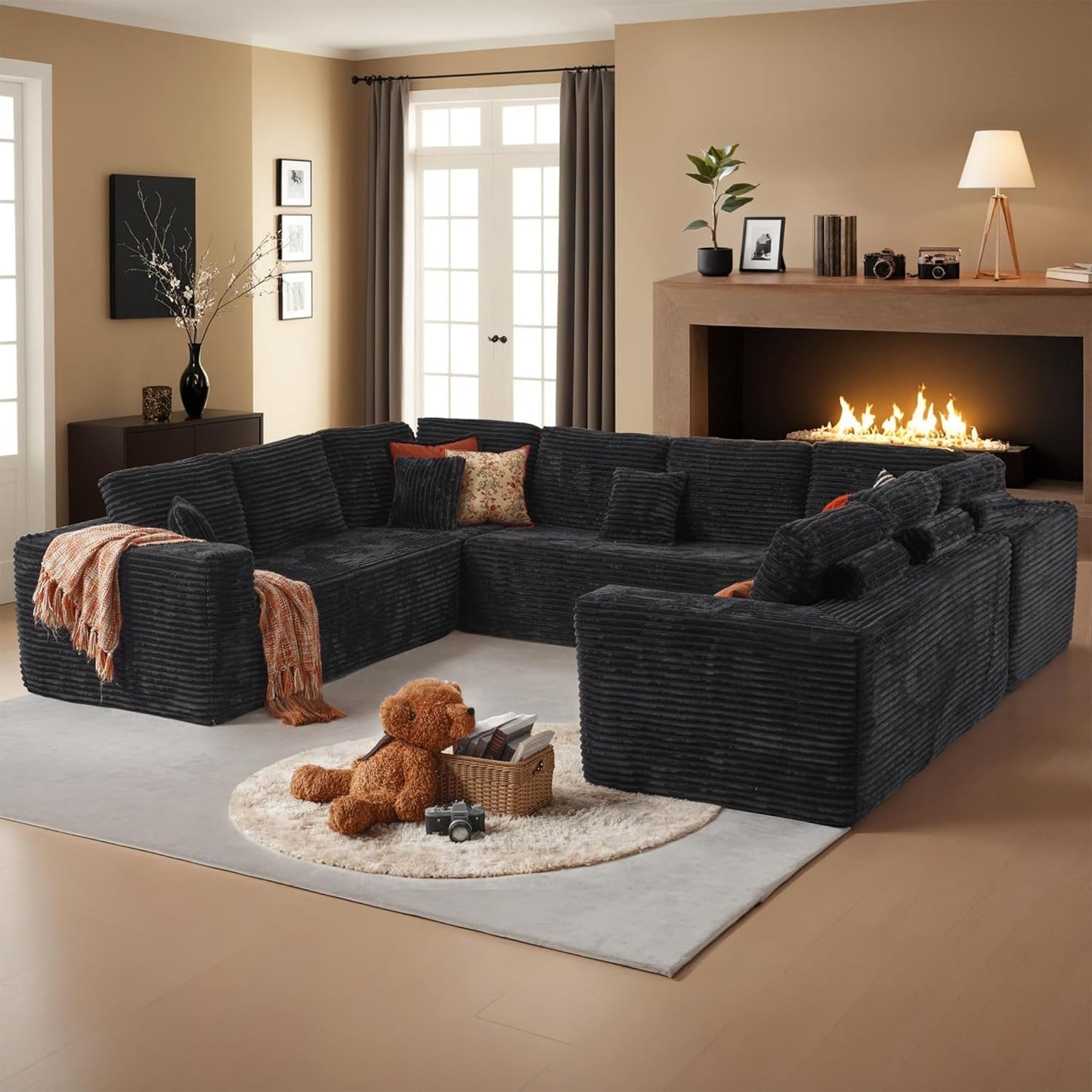 HOOOWOOO Cloud Sectional Couches for Living Room,Modular Sectional Sofa No Assembly,136X110 Inch Plush Corduroy Large U Shaped Floor Couch Set with Deep Seat(Black)