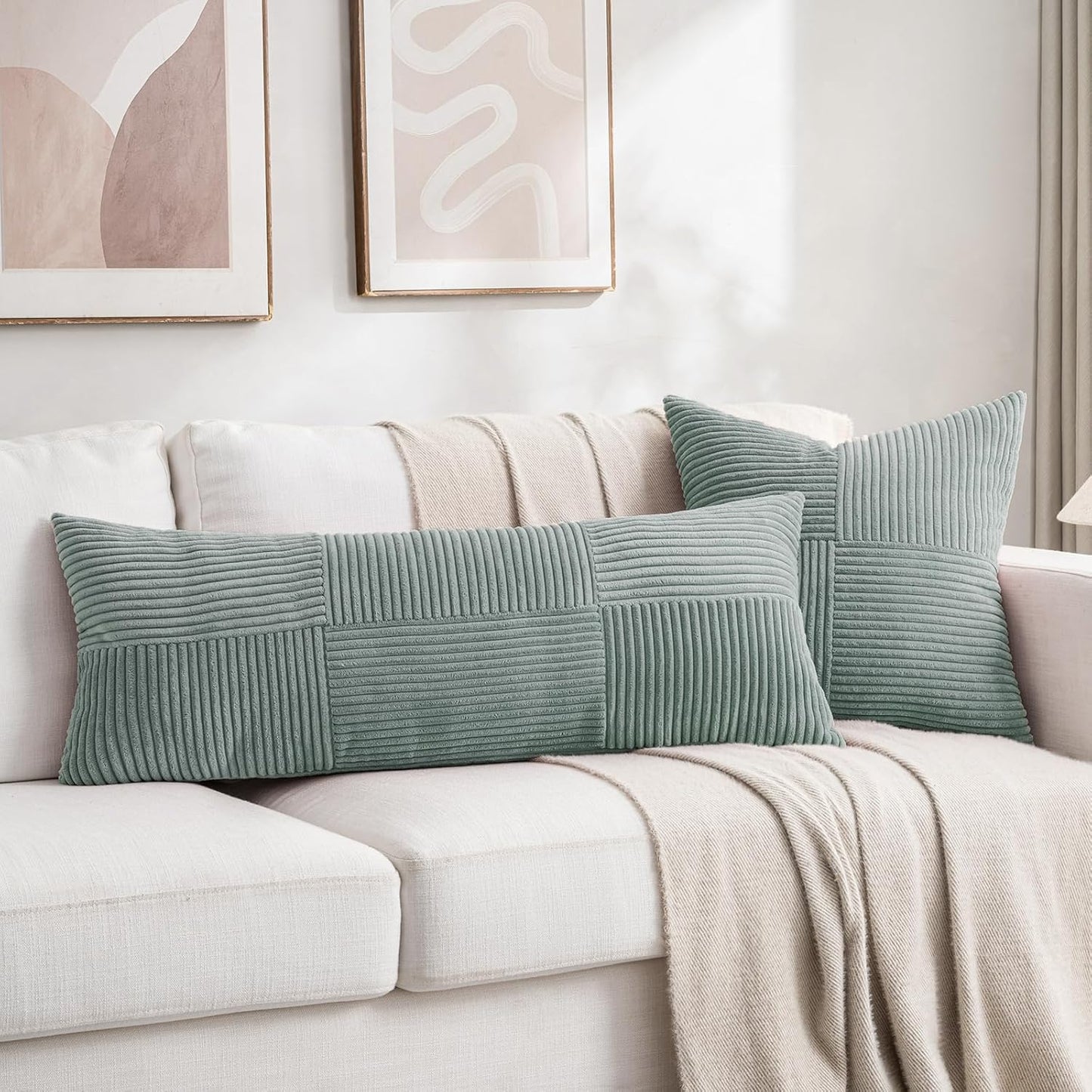 Fancy Homi 2 Packs Grey Blue Decorative Throw Pillow Covers 20x20 Inch for Couch Bed Sofa, Rustic Farmhouse Boho Home Decor, Soft Corss Corduroy Patchwork Accent Square Cushion Case 50x50 cm