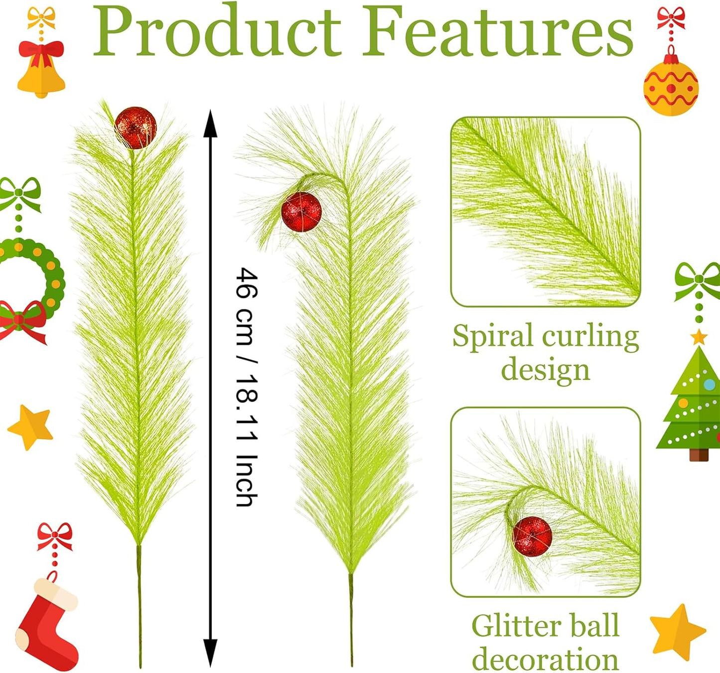 12 Pcs Christmas Tree Topper - 18" Christmas Tree Picks and Sprays Lime Green Curly Stems with Red Ball Artificial Xmas Decorations for Vase Fillers Wreath Home Party Holiday Docor