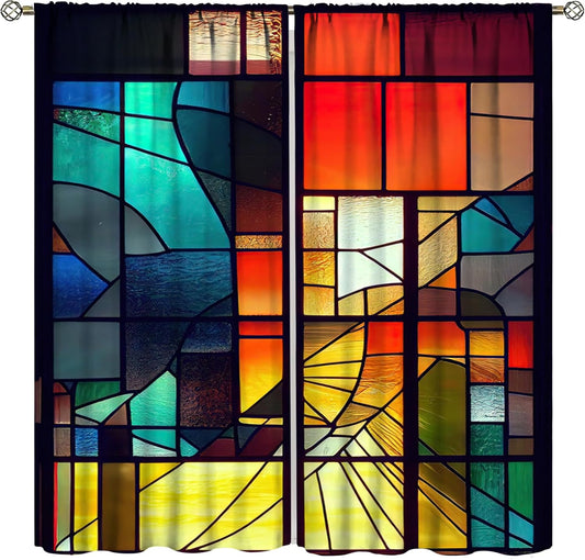 Stained Glass Curtains,Retro Abstract Colorful Geometry Textures Art Home Decor Drapes for Bedroom Living Room Kitchen Window Treatment 2 Panels Set Total Size 42" W X 45" L Inch