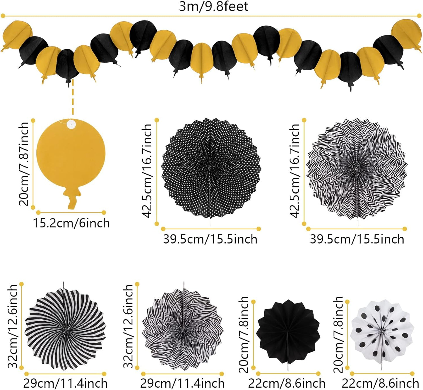 Black and Gold Decorations, Paper Pompoms Fan for Graduation Birthday Wedding Prom Night New Years Black and Gold Party Decorations