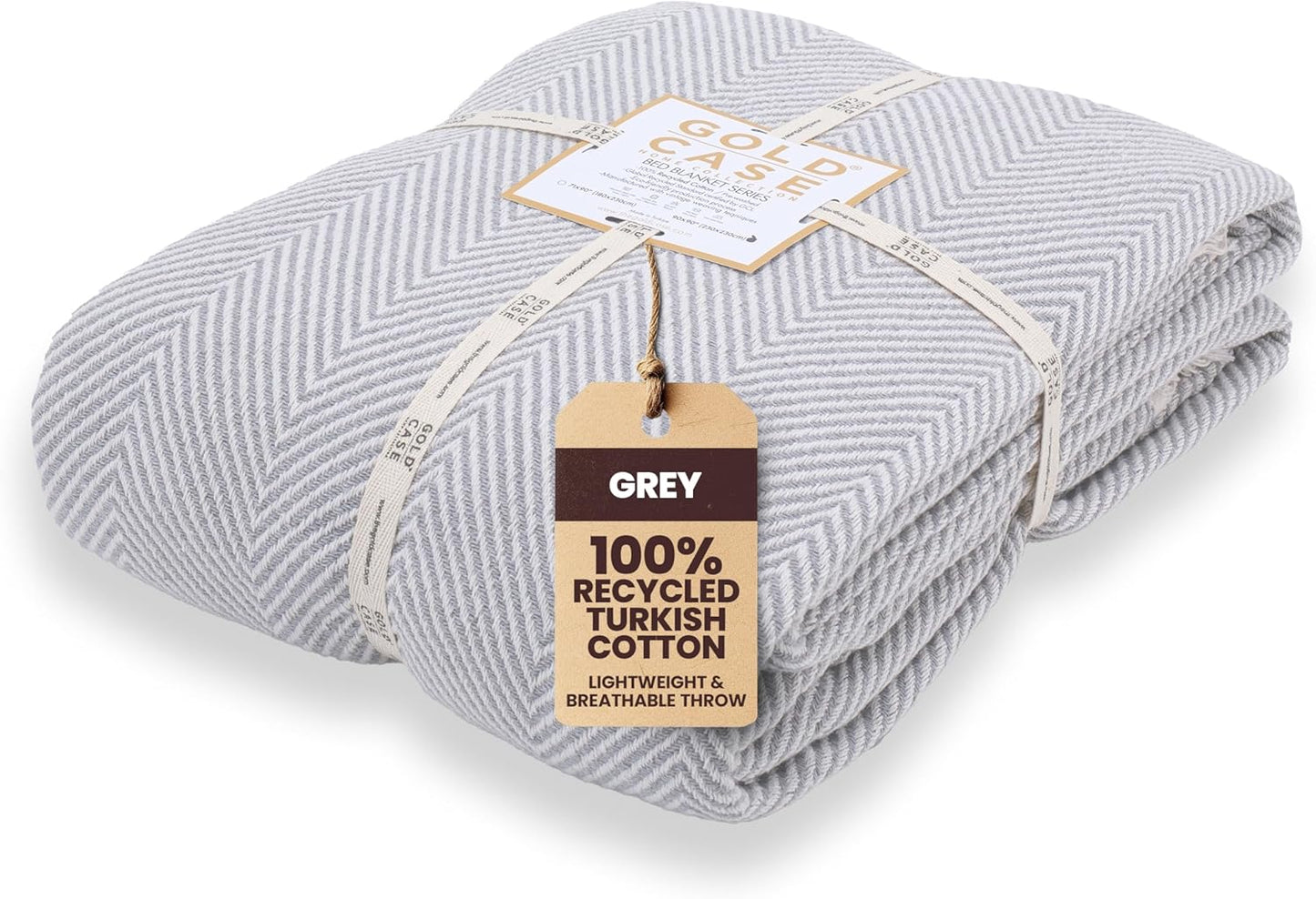 Gold Case Throw Blanket for Bed – 100% Recycled Turkish Cotton Bed Blanket – Decorative Throw Cotton Blankets for Living Room & Bedroom – Elegant Grey Woven Queen Blankets – 90x90