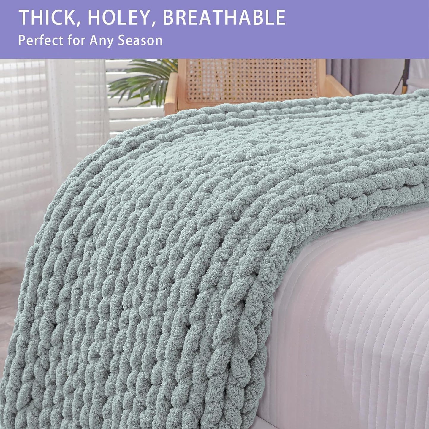 Bigacogo Chunky Knit Throw Blanket for Couch, 51x63 inches, 100% Hand Knitted with Thick Jumbo Chenille Yarn, Cozy Soft Large Rope Knot Cable Crochet Blankets for Sofa Bed Living Room, Misty Green