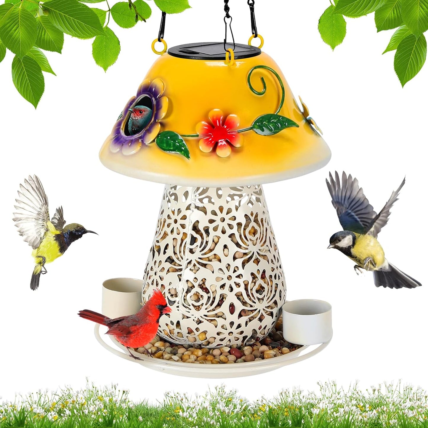 Mushroom Solar Bird Feeders for Outdoors Hanging Metal Wild Bird Feeder Garden Lantern with S Hook for Garden Decoration Yellow