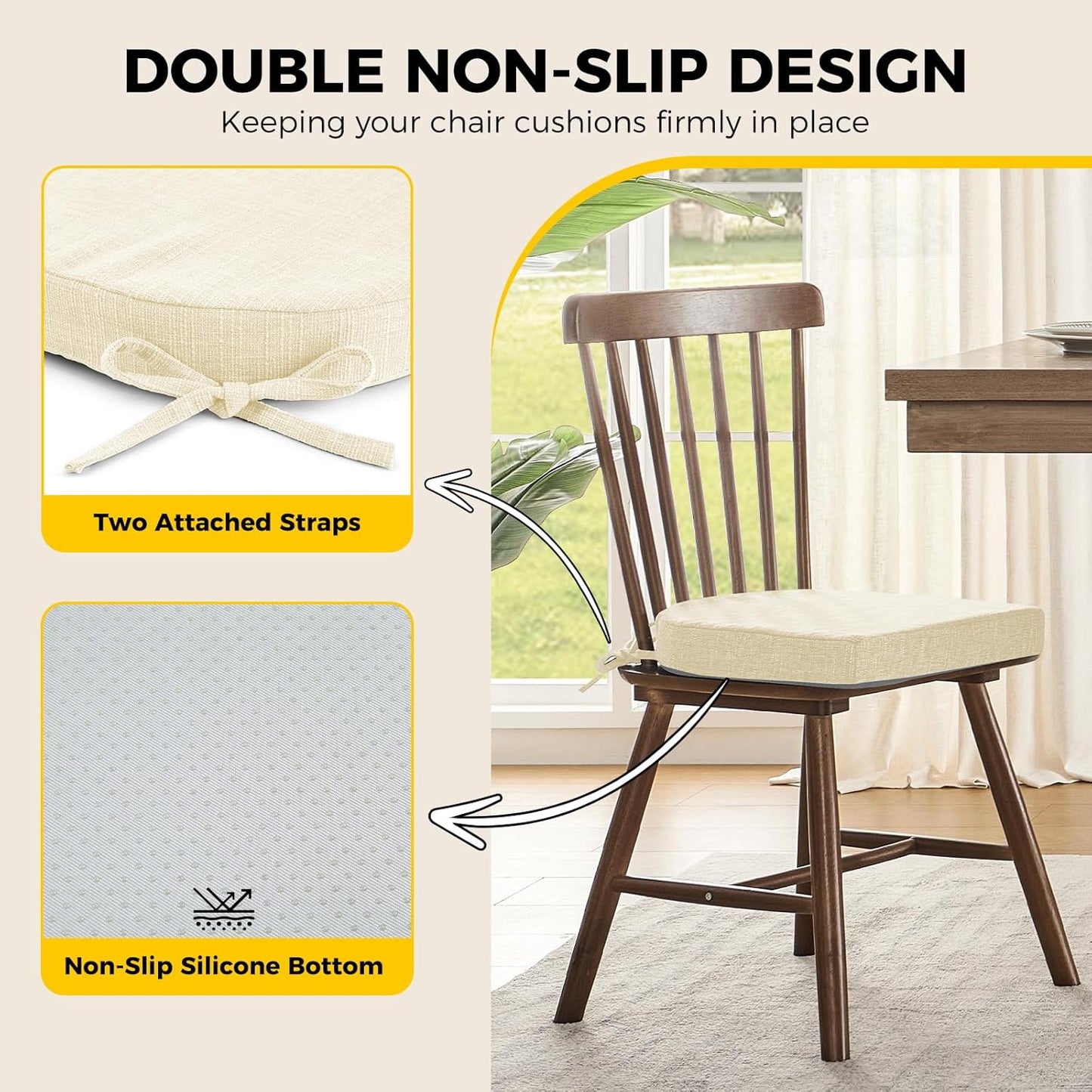downluxe Indoor Chair Cushions for Dining Chairs, Soft and Comfortable Textured Foam Kitchen Chair Pads with Ties and Non-Slip Backing, 16" x 16" x 2", Beige, 4 Pack