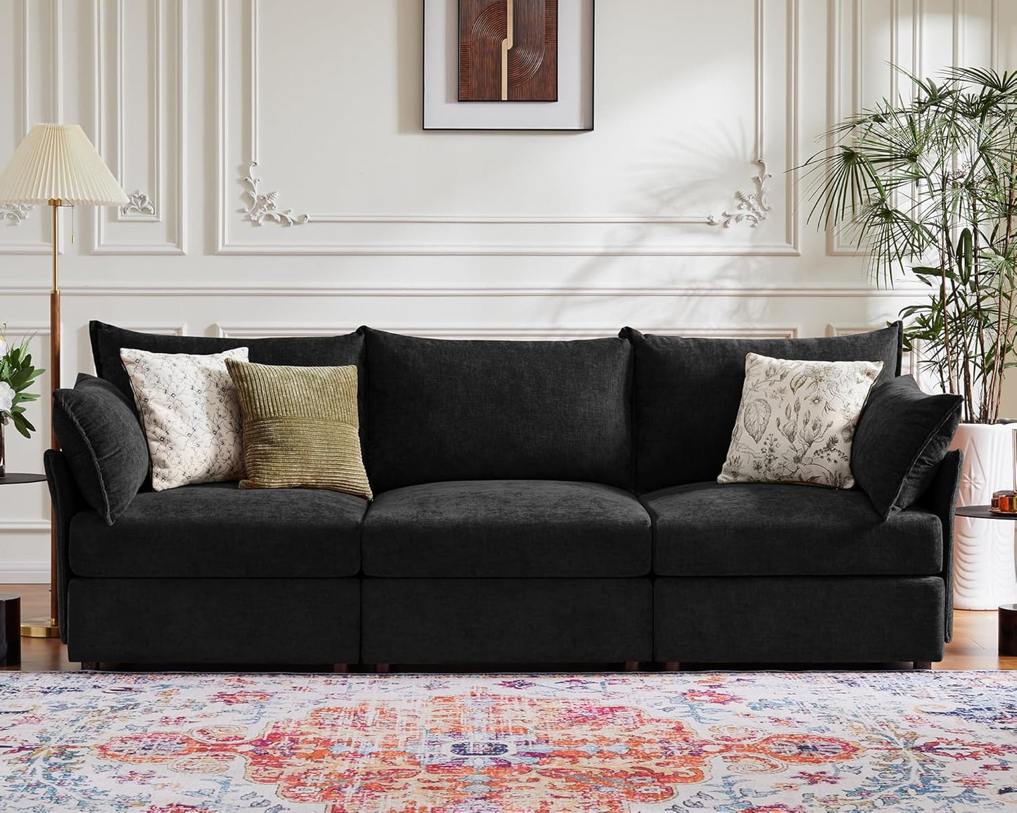 102.6" Modular Sectional Sofa, Oversized 3-Seater Couch with Removable Black Chenille Fabric Cover, Deep Seat & High Backrest for Living Room, Office & Apartment