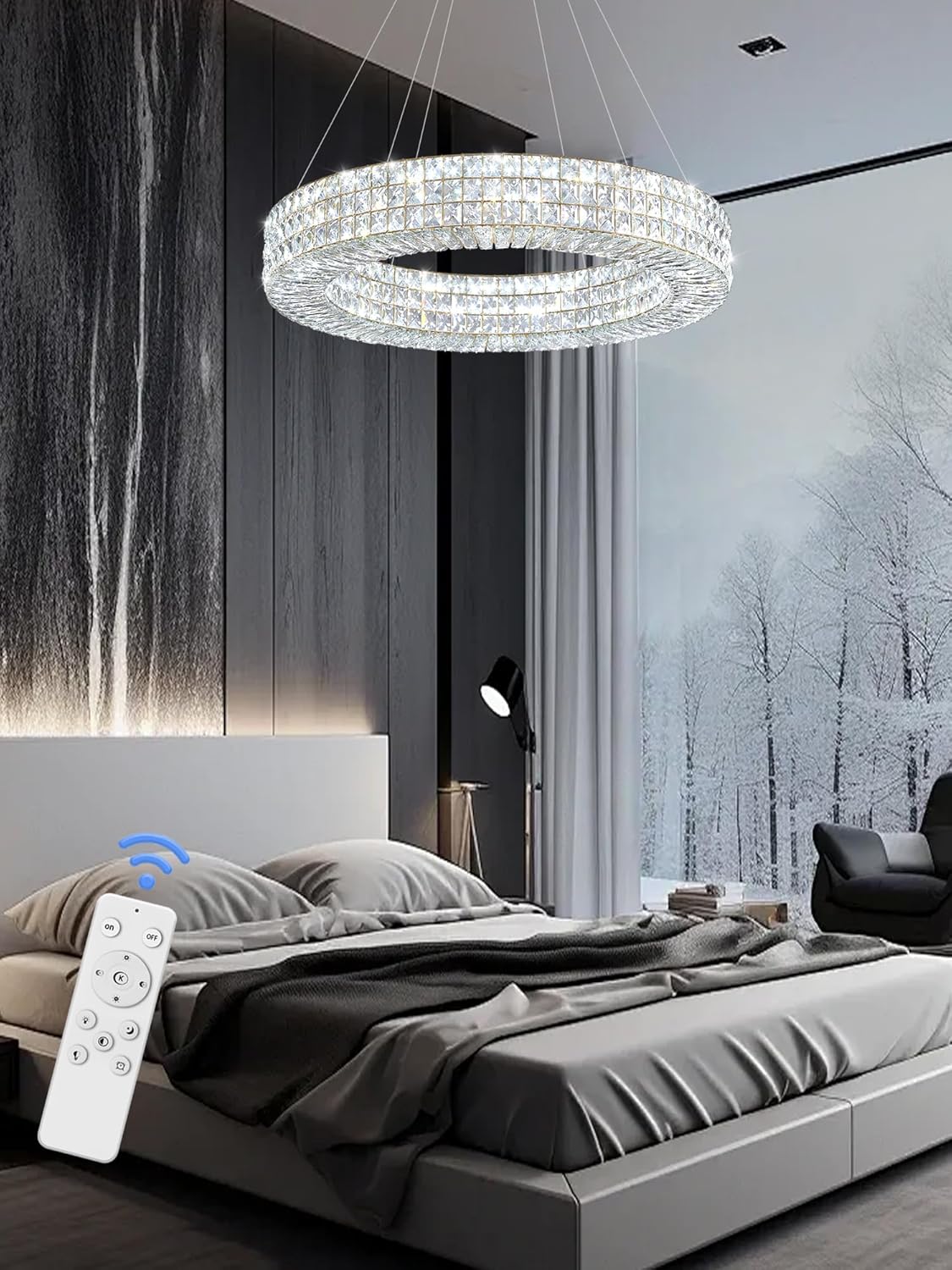 Dia 24" Modern Crystal Chandelier Gold Ring Chandelier Adjustable Height Luxury Crystal Pendant Ceiling Light Fixture for Dining Living Room Bedroom