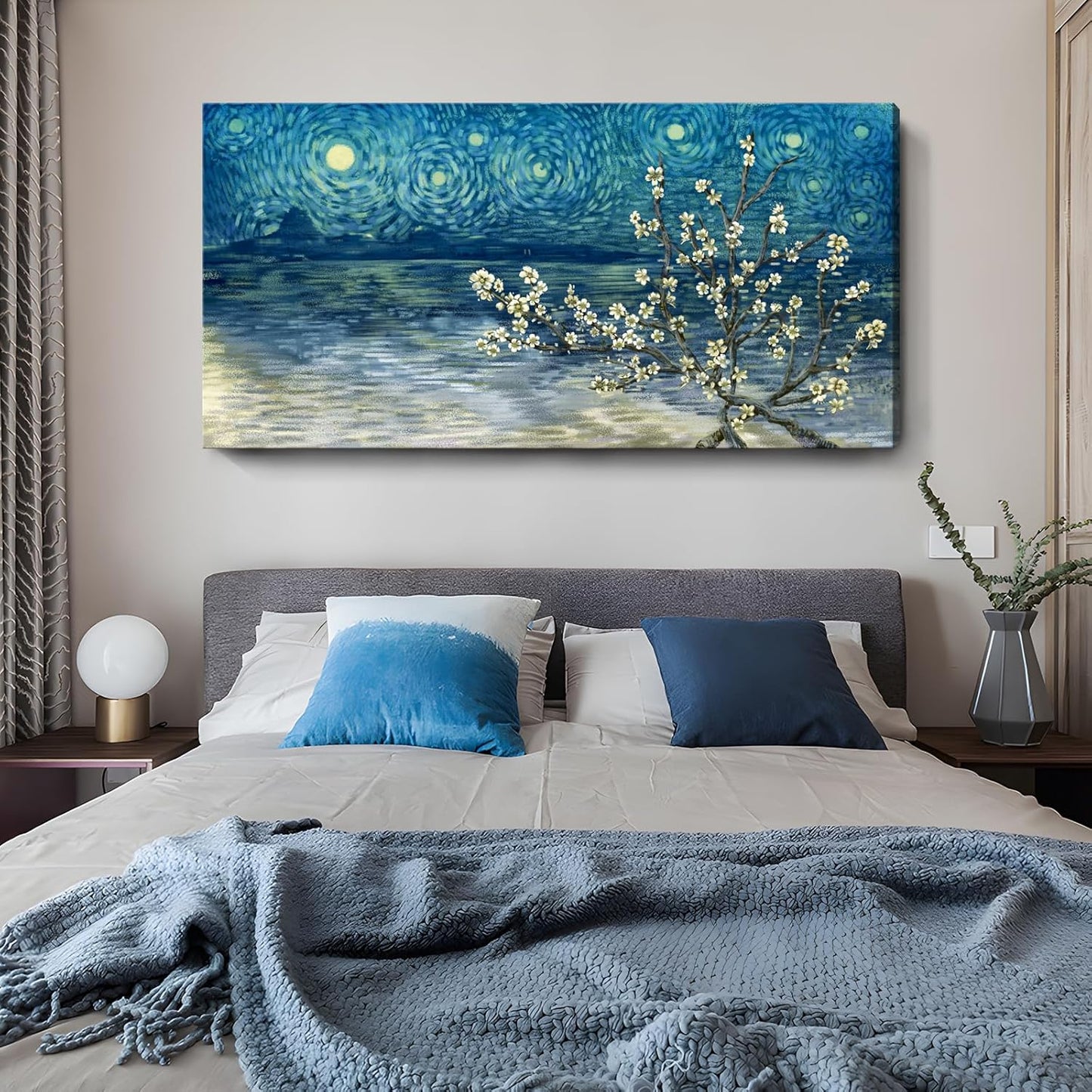 amatop Extra Large Wall Art Floral Tree Canvas Print for Living Room Bedroom Office– Oversized Plum Blossom Lake Landscape Picture Modern Blue Teal Nature Artwork Decor 58x29 Inch
