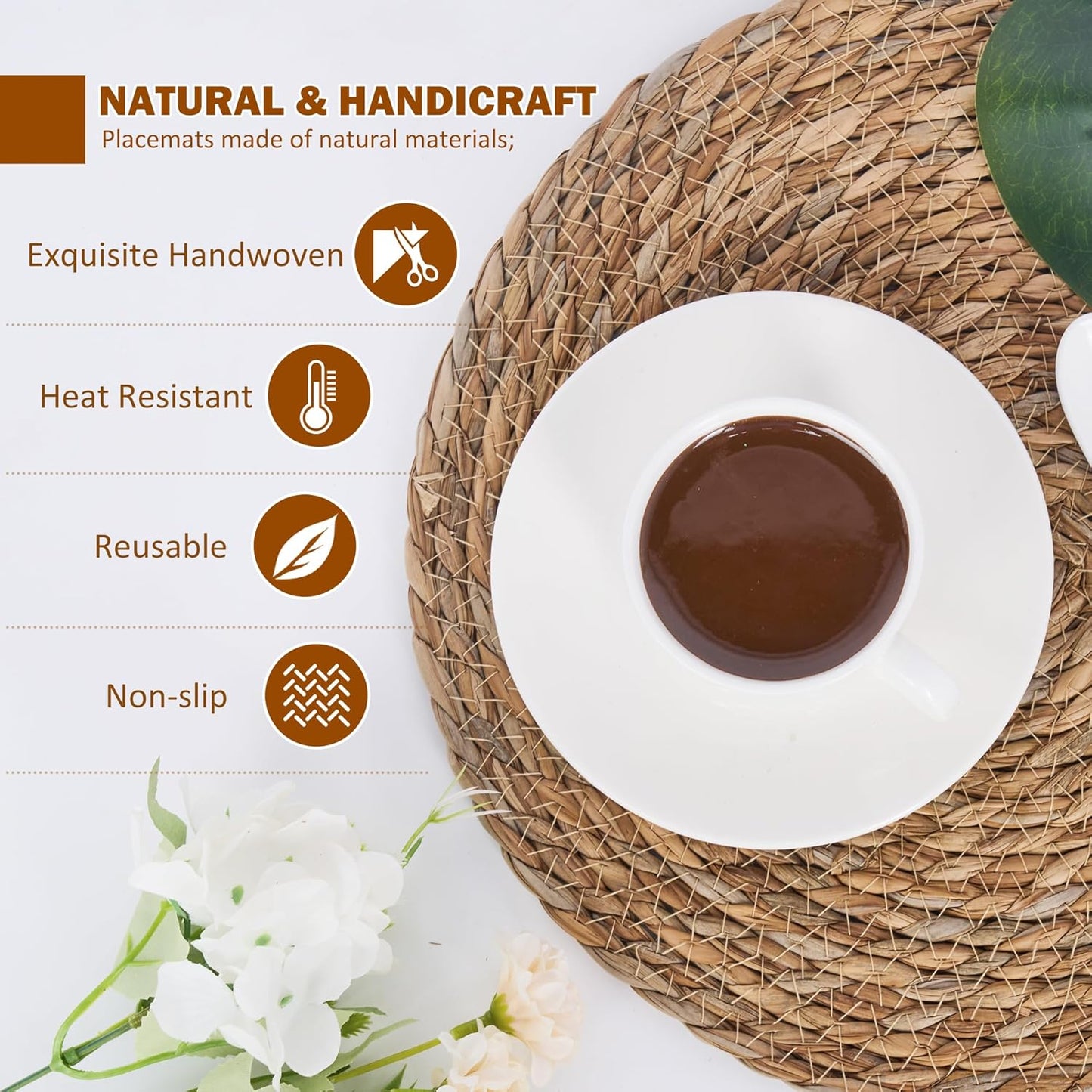 Defined Deco Woven Placemats Set of 10, 13" Round Rattan Placemats,Natural Hand-Woven Water Hyacinth, Farmhouse Weave Place Mats, Rustic Braided Wicker Table Mats for Dining Table, Home, Wedding