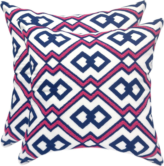 Alysheer Embroidered Decorative Throw Pillow Cover 18"x 18" Set of 2, Classic Boho Geometric Embroidery Pattern Cotton Rectangular Cushion Case for Sofa Couch Living Room Bedroom (Blue Pink)