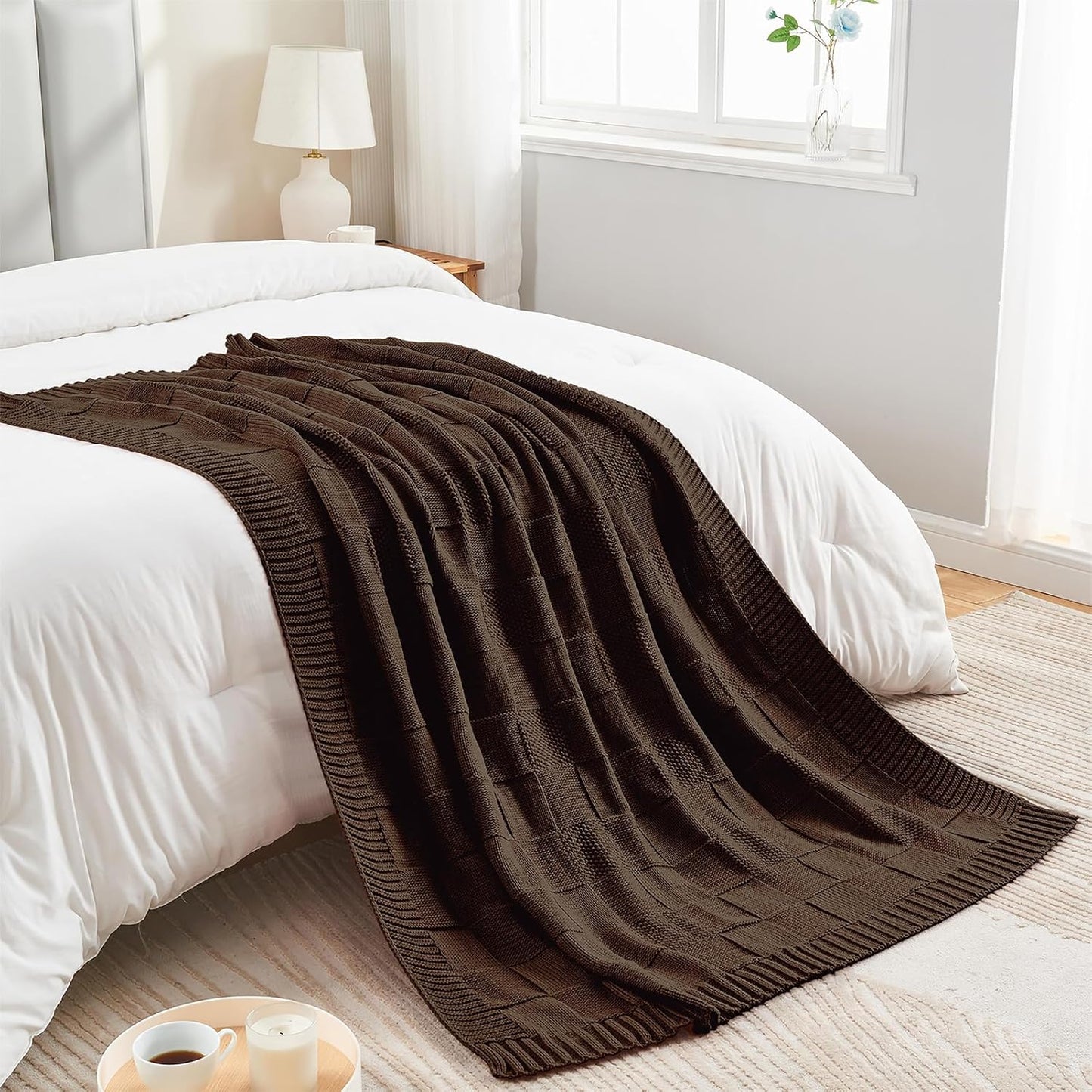 CozeCube Check Knit Throw Blanket, Dark Brown Checkered Throw for Couch, Decorative Christmas Soft Cozy Warm Knitted Blanket for Bed Sofa Living Room, 60"X80"