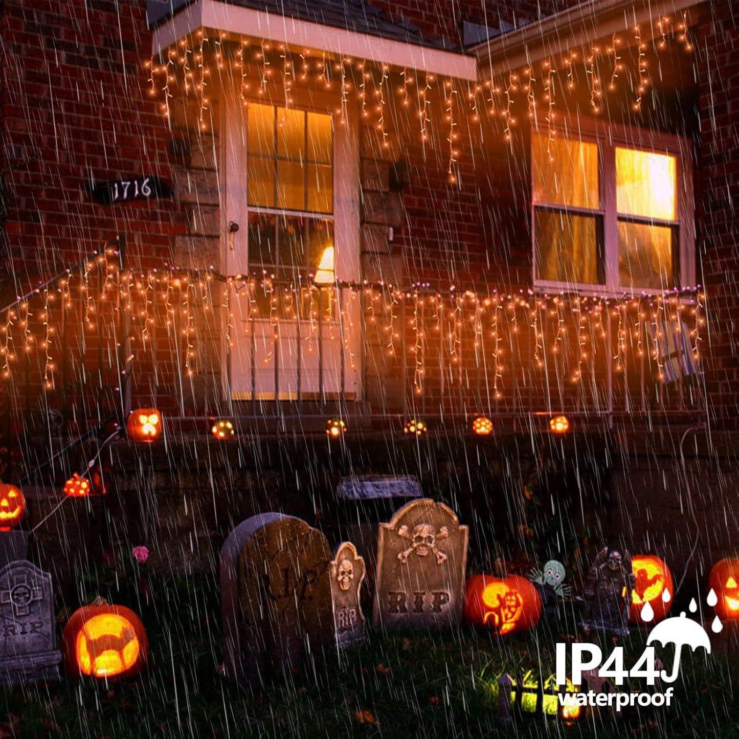 QITONG Orange Lights for Halloween, 66ft 800 LED Icicle Light for Outside with 8 Modes, Clear Wire Connectable Christmas Lights Indoor Plug in
