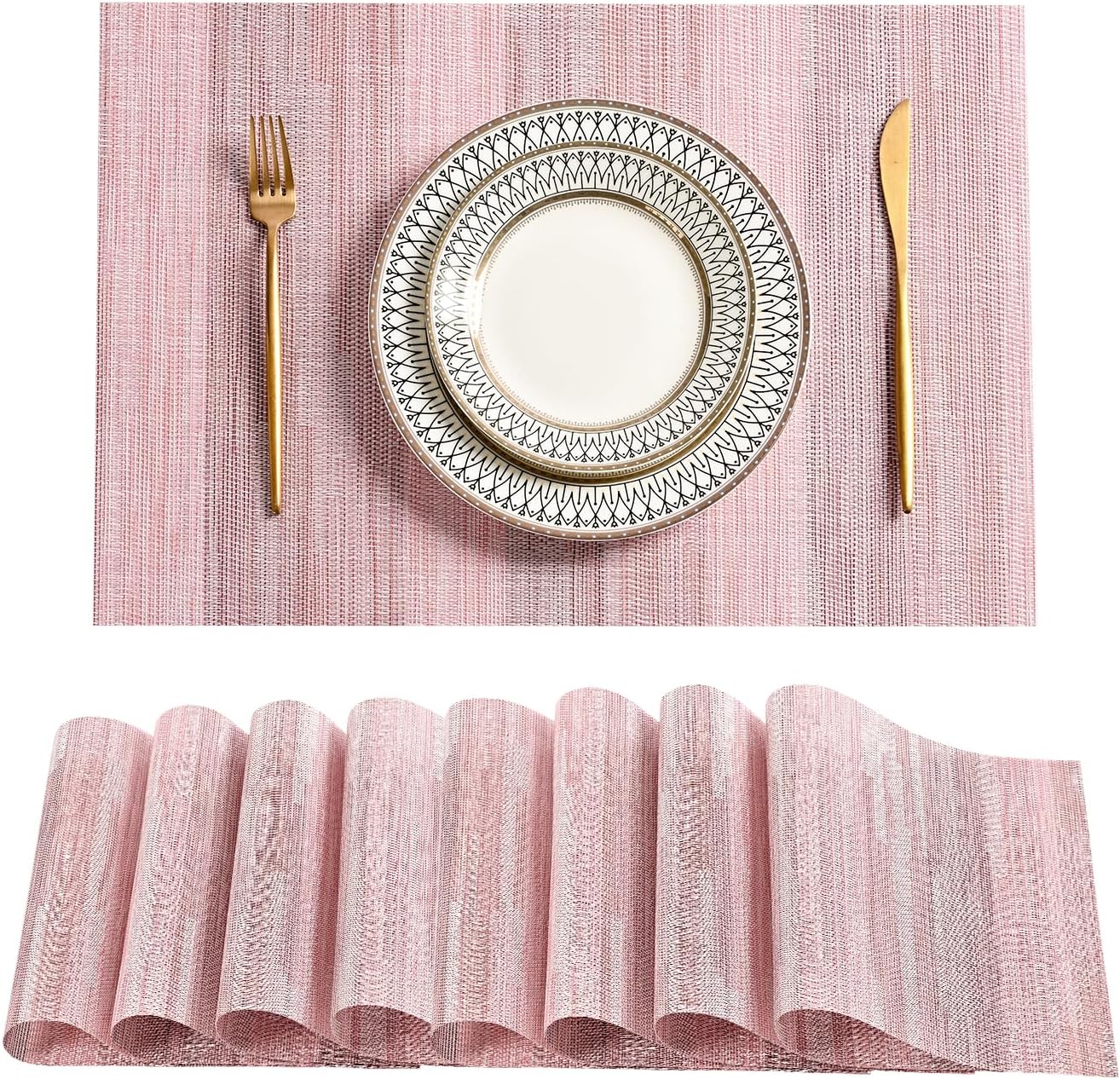 Leetaltree Misty Rose Placemats Set of 8 - Heat Resistant Non-Slip Place mats for Dining Table, Washable Durable PVC Vinyl Woven Table Mats（Misty Rose, 8）