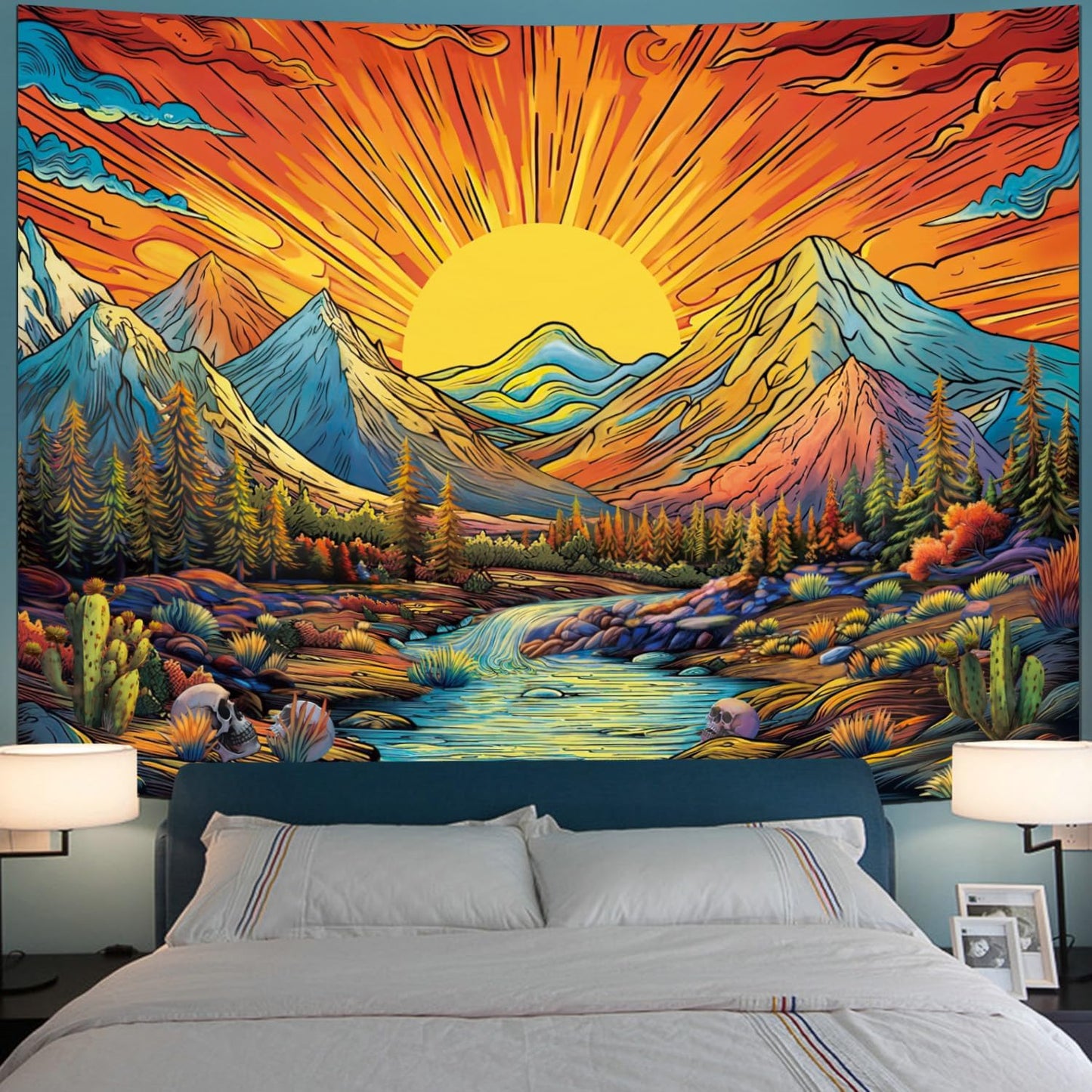 Serborlur Boho Sun Mountain Tapestry Trippy Forest Tree Tapestry Vintage Aesthetic Magic River Tapestries Nature Landscape Wall Hanging for Bedroom Home Decor (70.8" x 92.5")