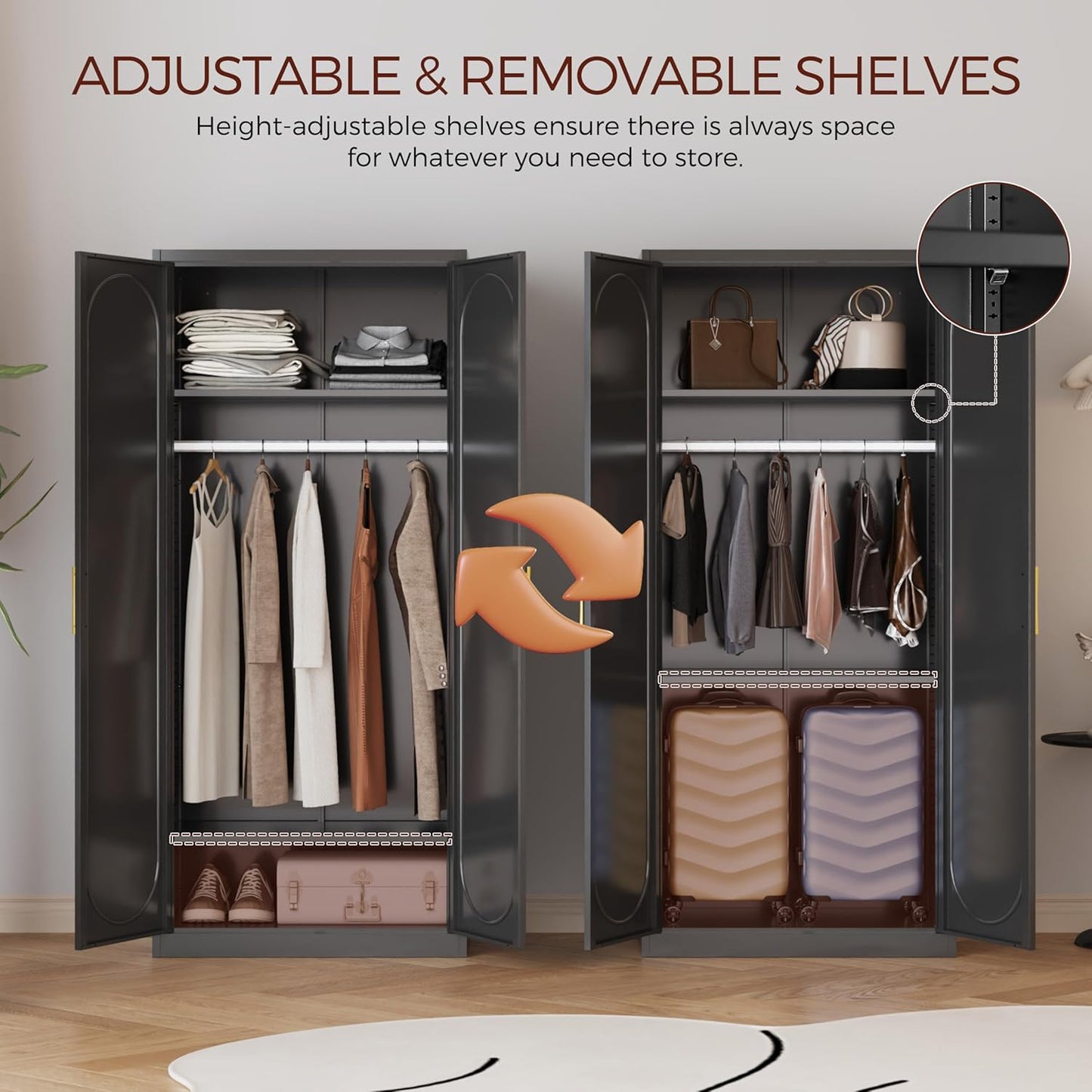 Metal Armoire Wardrobe Closet with 2 Doors, 71" Black Wardrobe Cabinet with Hanging Rod and Adjustable Shelves, Tall Clothing Storage Cabinets for Bedroom, Laundry Room, Home Office