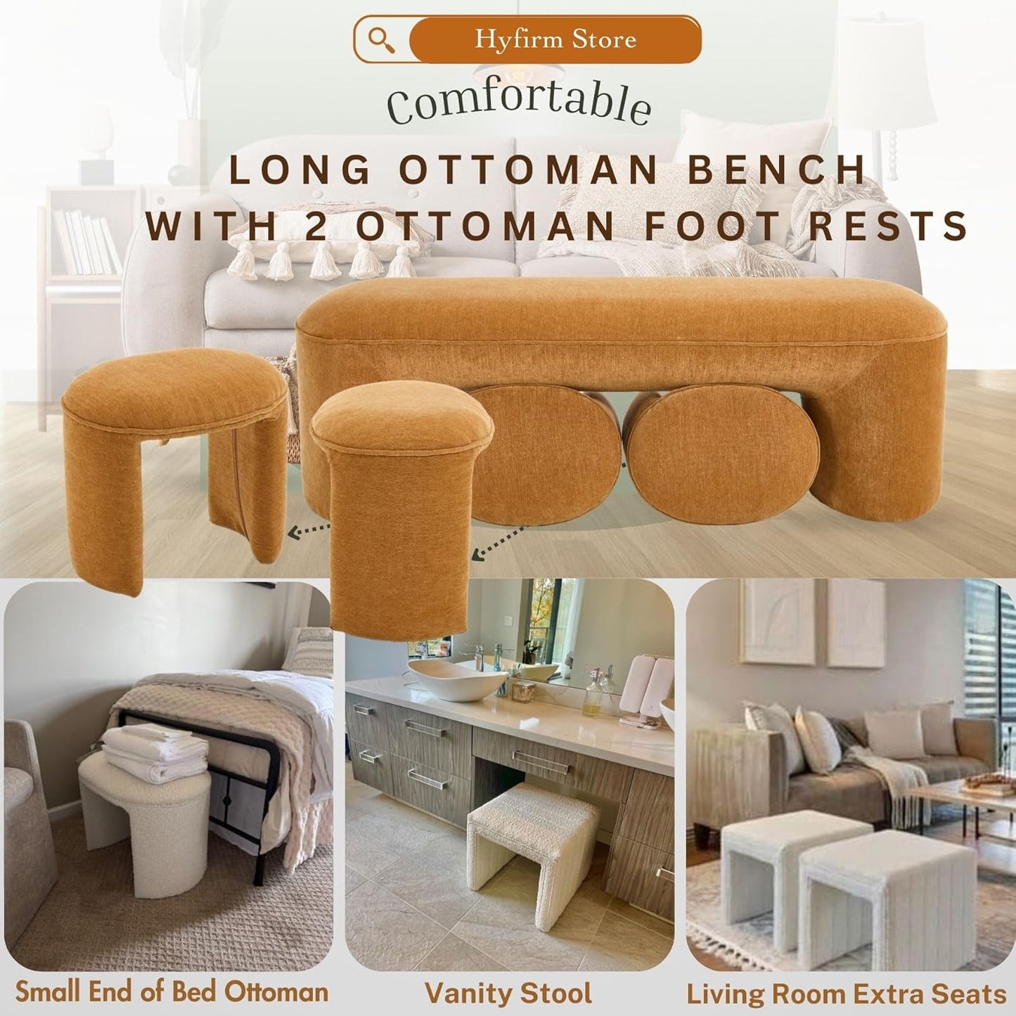 3-Piece 53" Comfy Upholstered Dining Bench with 2 Ottomans, Accent Waterfall Bench Modern End of Bed Entryway Bench Vanity Stool，Pumpkin Chenille