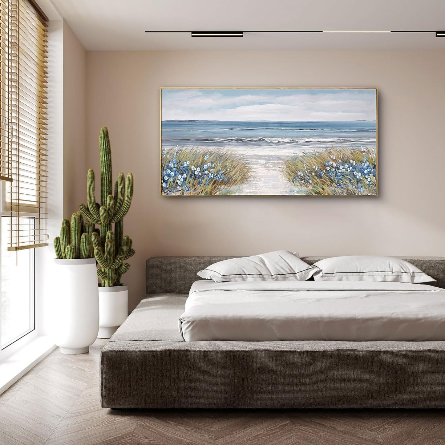 XLSJERST Framed Wall Art for Living Room Decor - Farmhouse Boho Beach Coastal Vintage Floral Ocean Wall Picture Flowers Sea Canvas Print Seascape Artwork for Home Living Room Bedroom Office 24x48