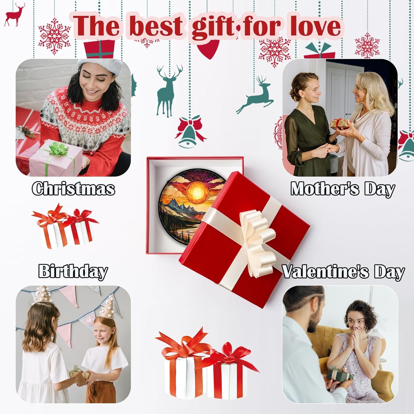 Stained Glass Window Hanging, Dusk Sunset Landscape Sun Catchers Glass Panel Lakes and Mountains Suncatcher Decor for Birthday for Women, Men, Wife, Aunt, and Mom 7.8 in