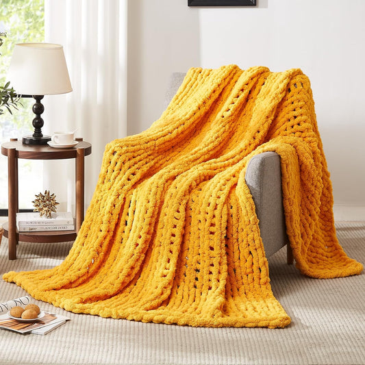 L'AGRATY Chunky Knit Blanket Throw: 72''x84'' Chenille Chunky Knitted Throw Blanket for Bed Couch - Handmade Thick Big Cable Knit Blanket - Large Chunky Crochet Rope Blanket for Home Decor(Yellow)