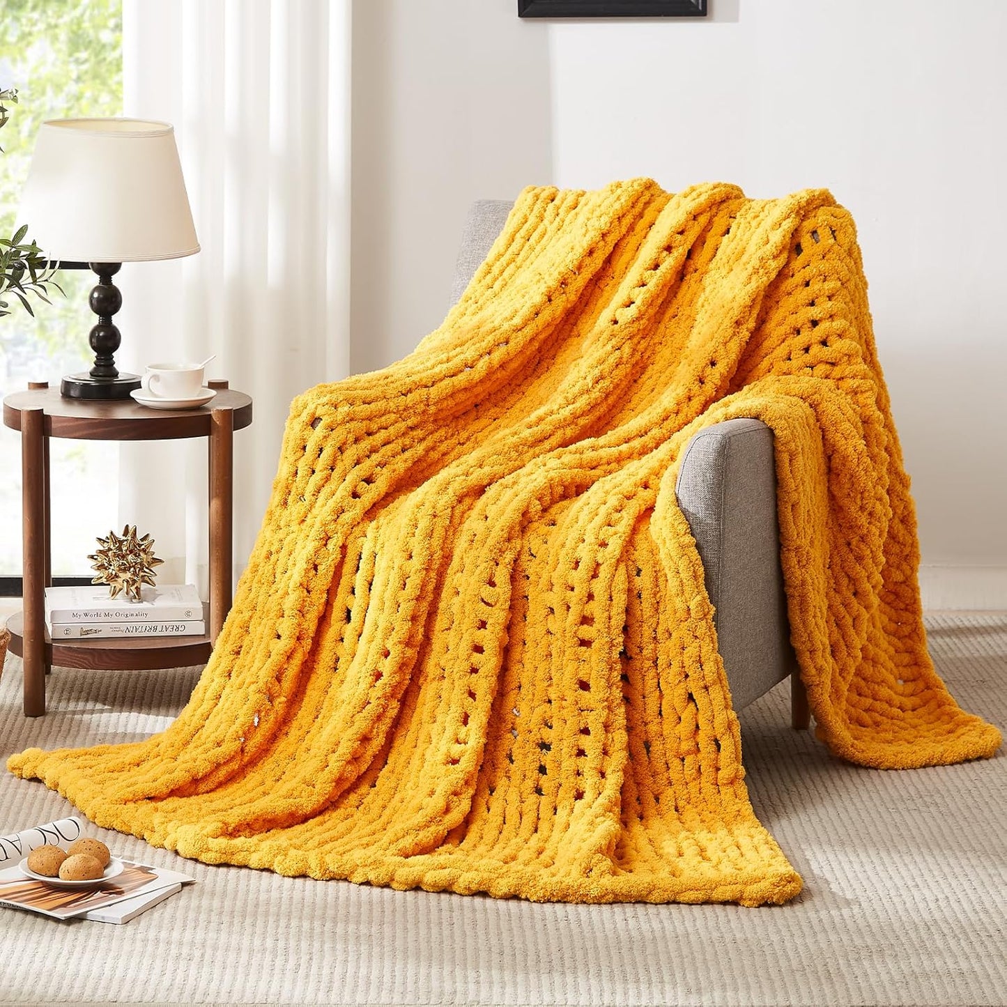 L'AGRATY Chunky Knit Blanket Throw - Soft Chunky Throw Blanket 60x80: 100% Hand Kintted Chenile Crochet Throw Blanket for Couch - Large Cable Knit Chunky Blanket for Home Decor(Mustard Yellow)