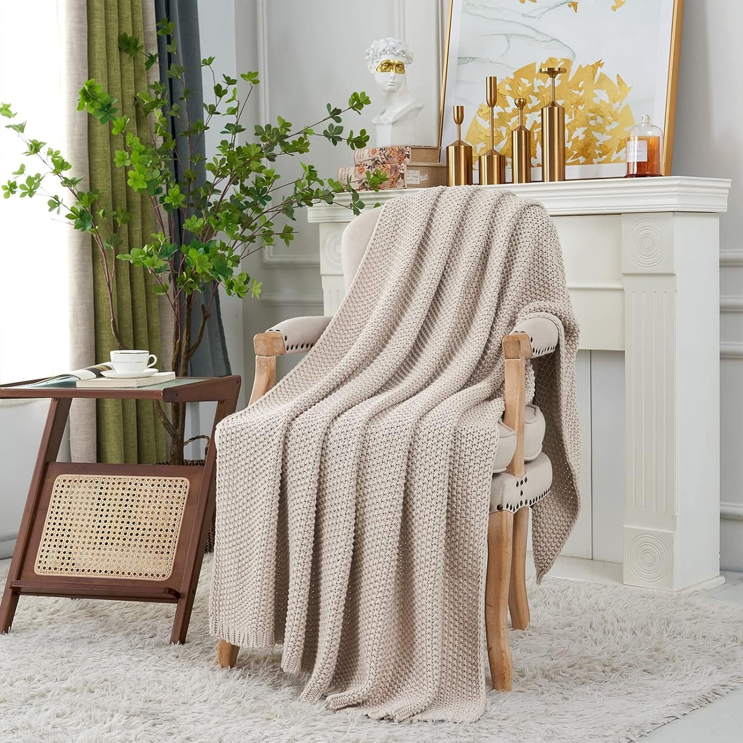 Longhui bedding Chunky Cable Knit Throw Blanket Lightweight Beige 100% Organic Cotton Blanket for Sofa Couch Bed Baby Nursery, Rustic Shabby Chic Modern Farmhouse, 60” x 80”