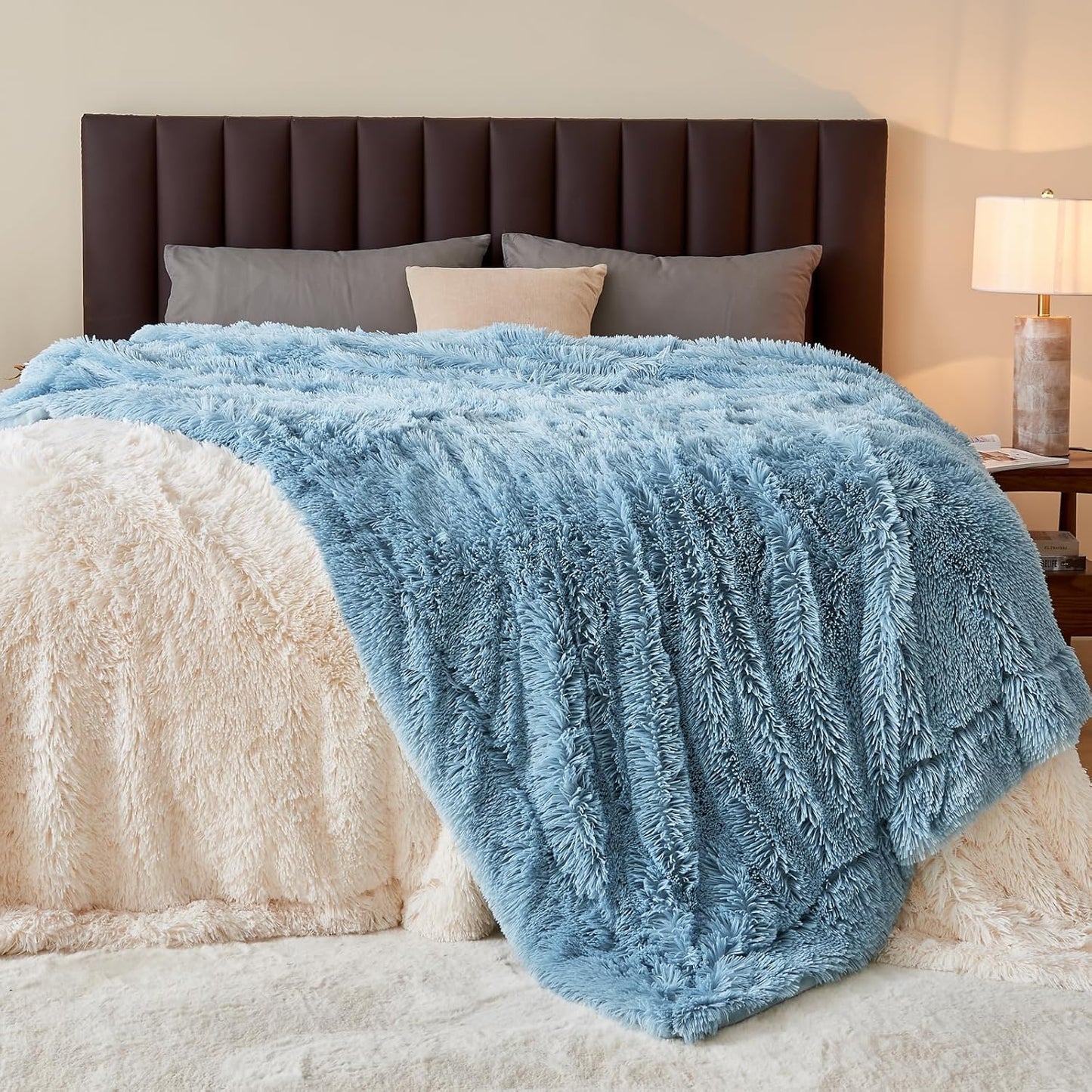 GONAAP Fuzzy Faux Fur Throw Blanket Twin Size Light Blue Super Soft Cozy Plush Fuzzy Shaggy Blanket for Couch Sofa Bed (Light Blue, Twin(60"x80"))