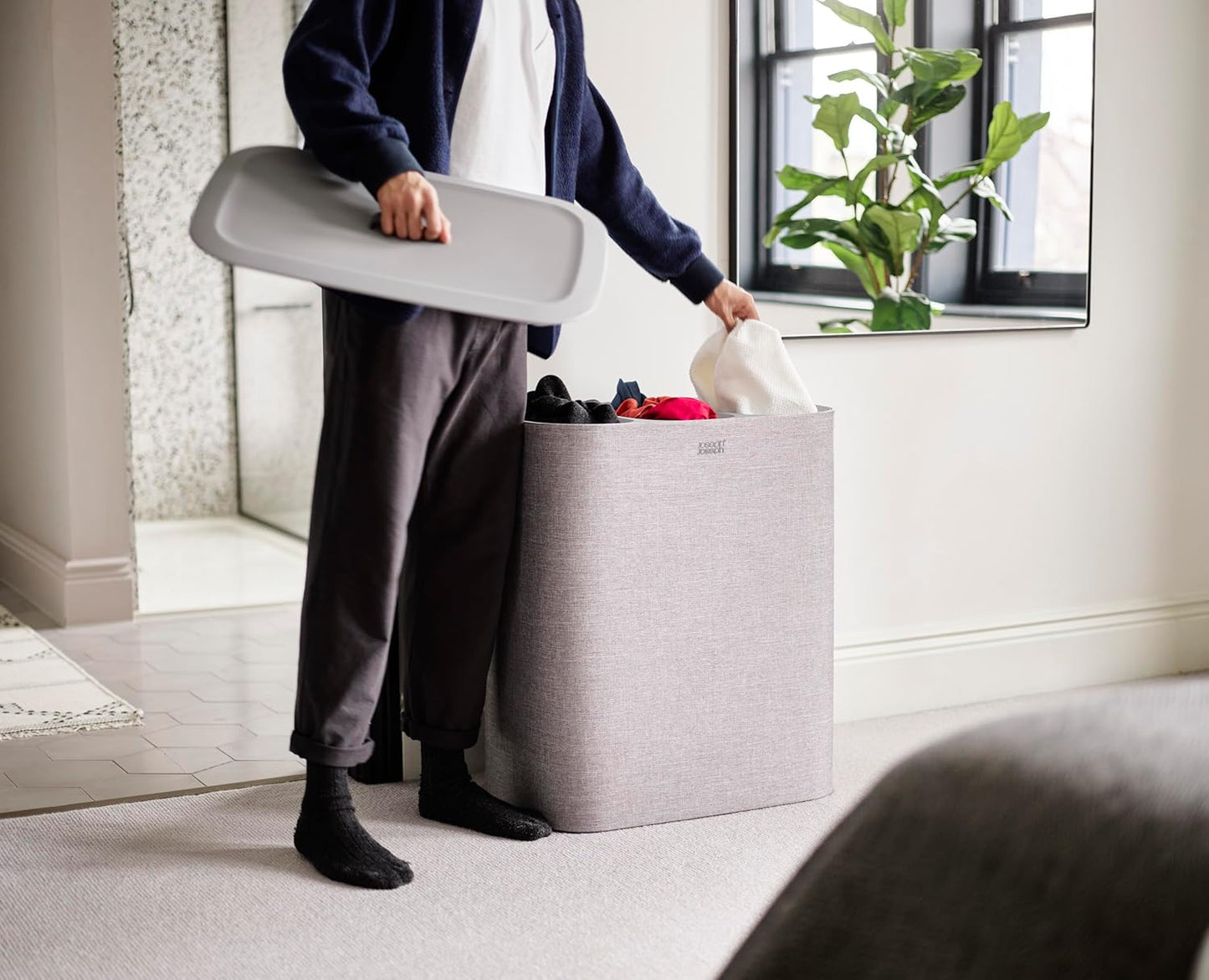 Joseph Joseph Tota Trio 90 liter/23.8 gallon Laundry Hamper Separation Basket with lid, 3 Removable Washing Bags with Handles- Gray