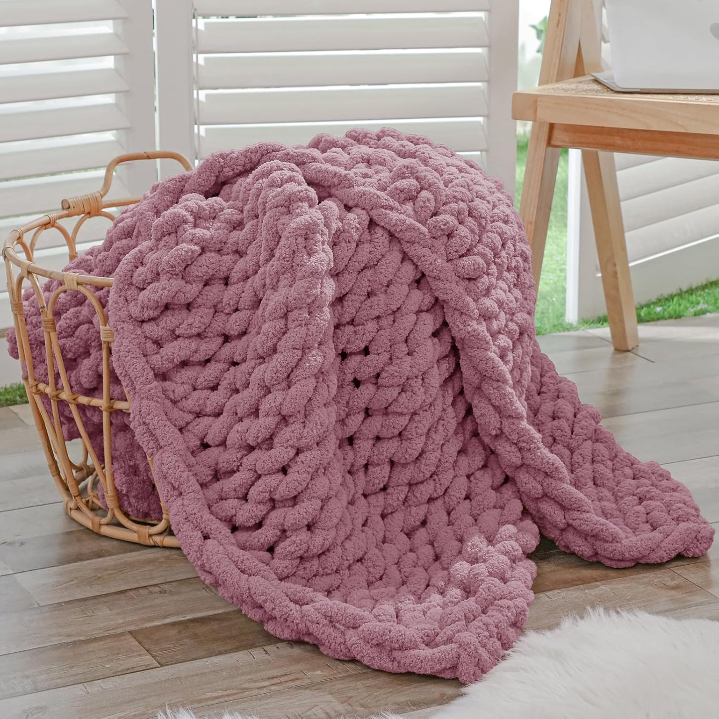 Bigacogo Chunky Knit Throw Blanket for Couch, 40x40 inches, 100% Hand Knitted with Thick Jumbo Chenille Yarn, Cozy Soft Large Rope Knot Cable Crochet Blankets for Sofa Bed Living Room, Burnt Rose