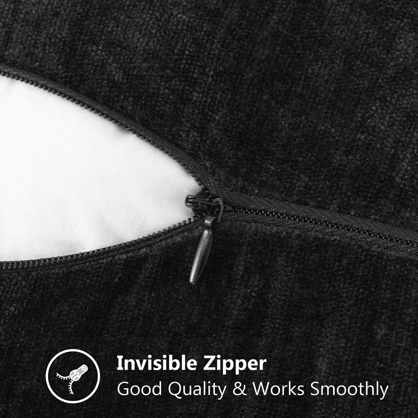 decorUhome Chenille Soft Throw Pillow Covers 22x22 Set of 2, Farmhouse Velvet Neutral Decorative Euro Pillow Covers with Stitched Edge for Couch Sofa Bed Home Decor, Black